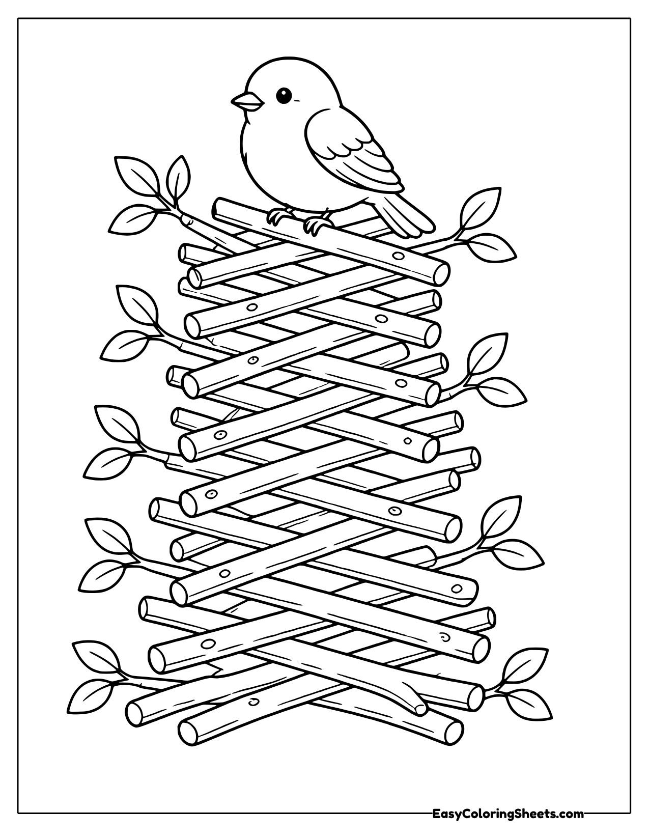 Songbird sitting on top of a tall stack of crisscrossed branches with leaves coloring page
