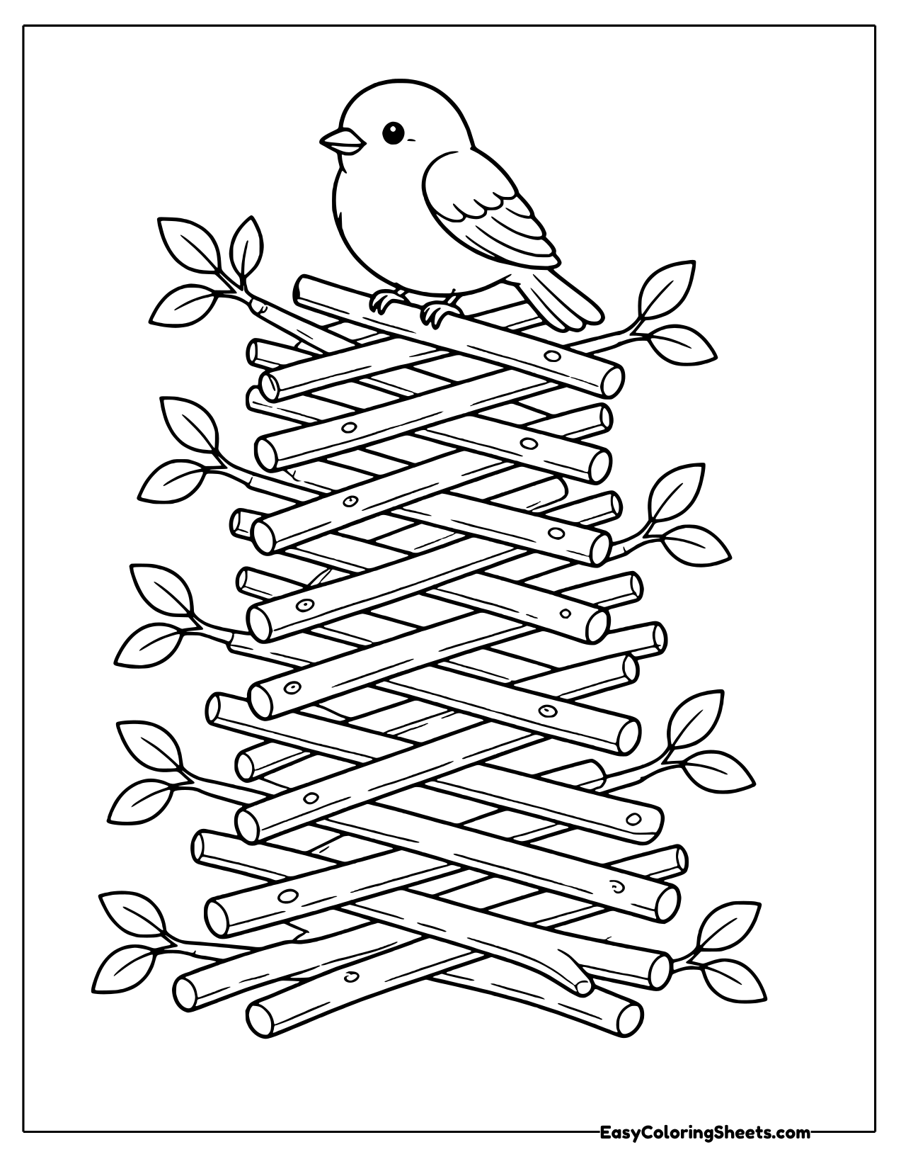 Songbird sitting on top of a tall stack of crisscrossed branches with leaves coloring page