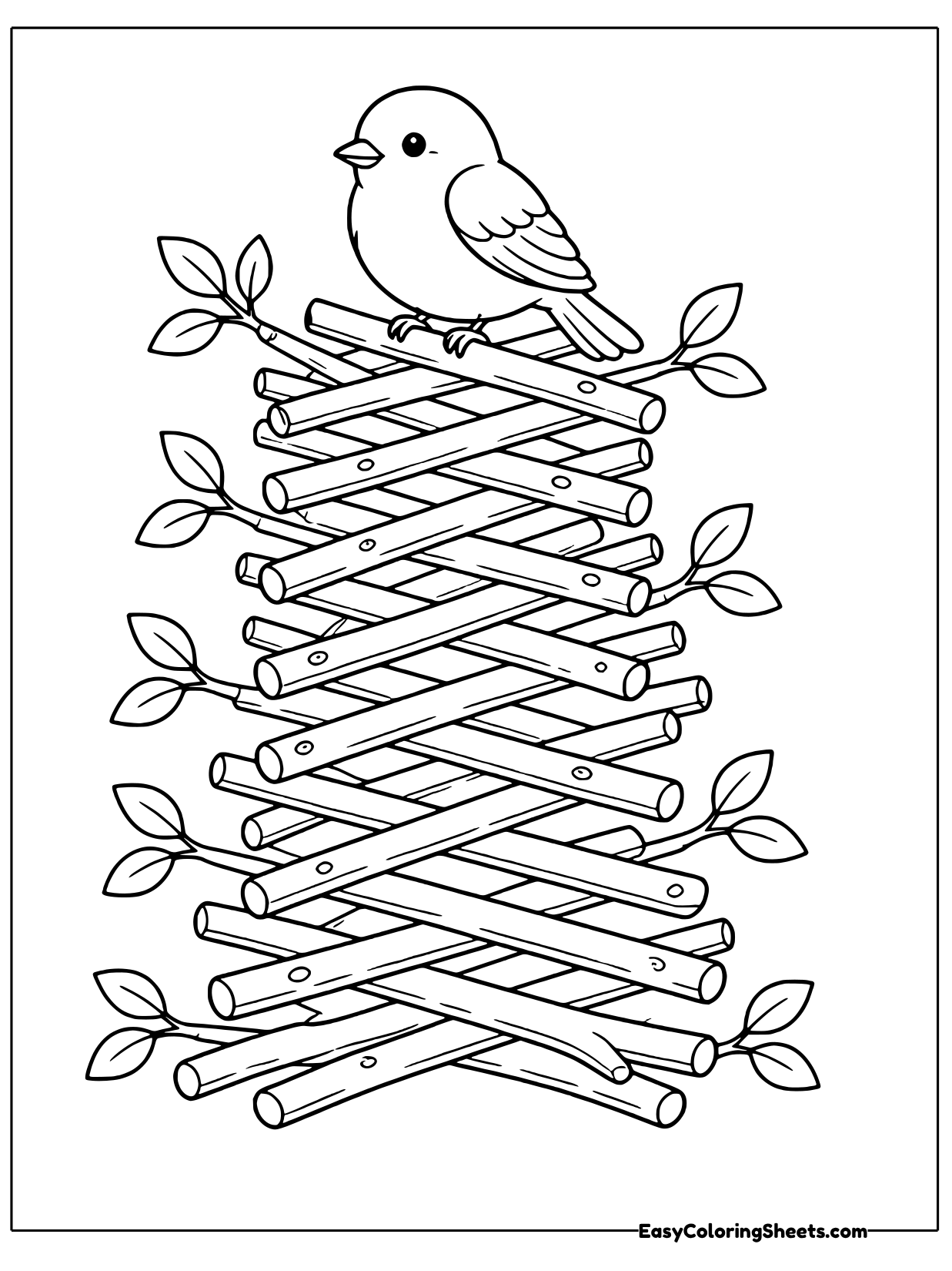 A plump little songbird sits on top of a tall tower of crisscrossed tree branches.