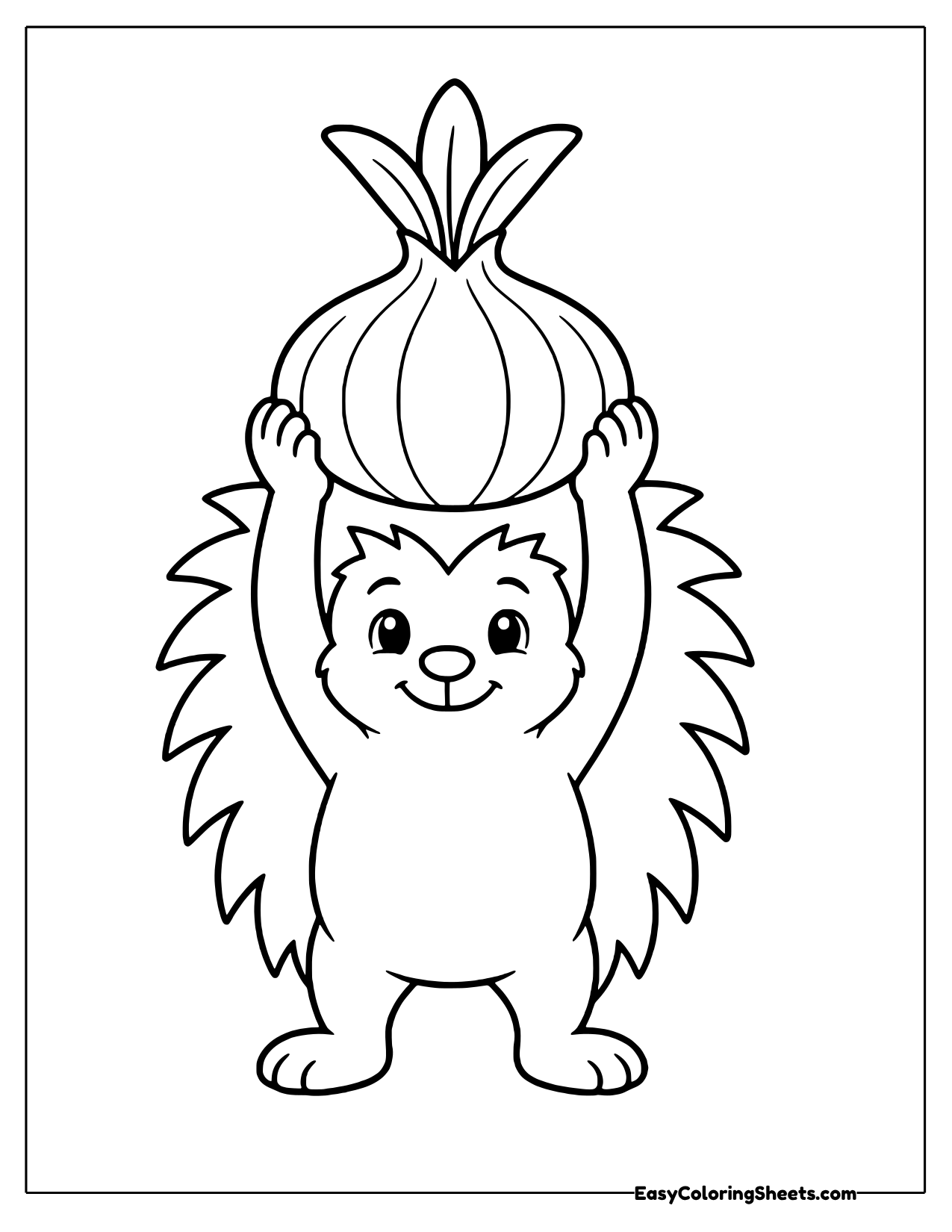 Smiling hedgehog lifting a large sprouting onion above its head