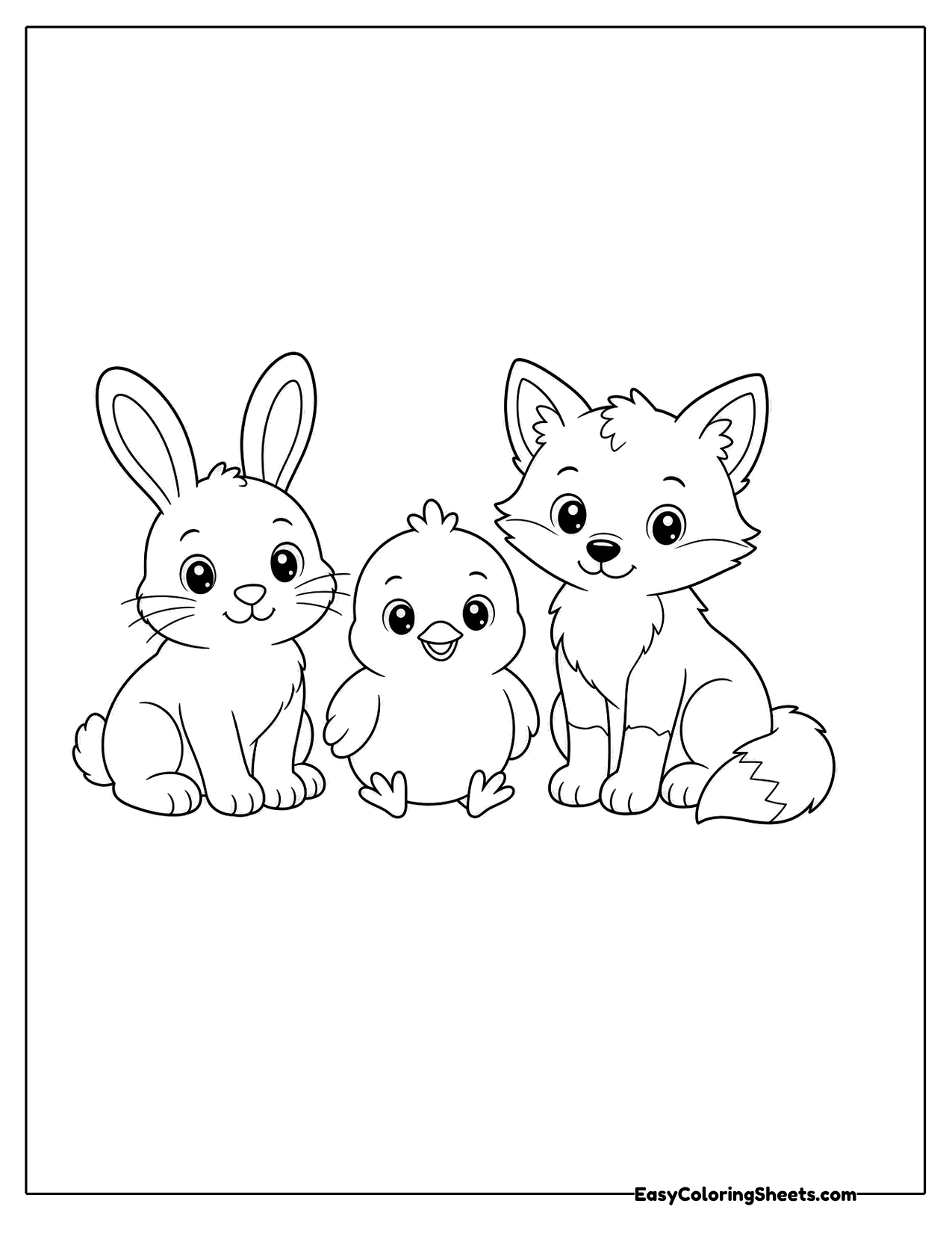 Bunny, chick and kitten sitting together