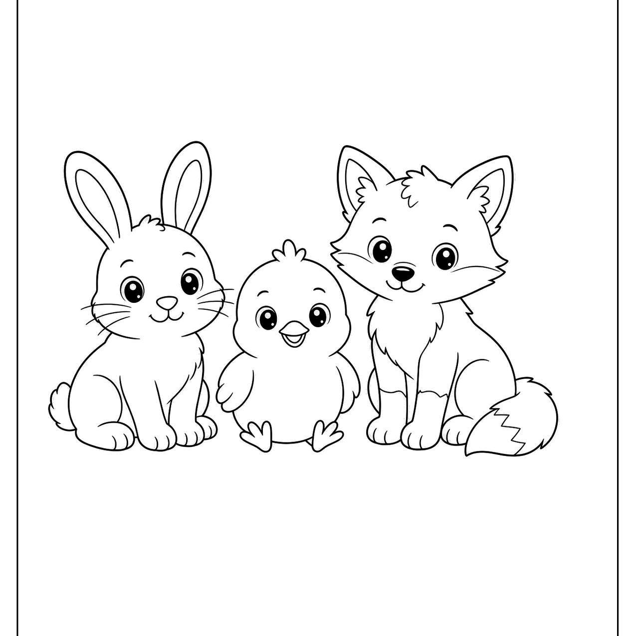 Bunny, chick and kitten sitting together
