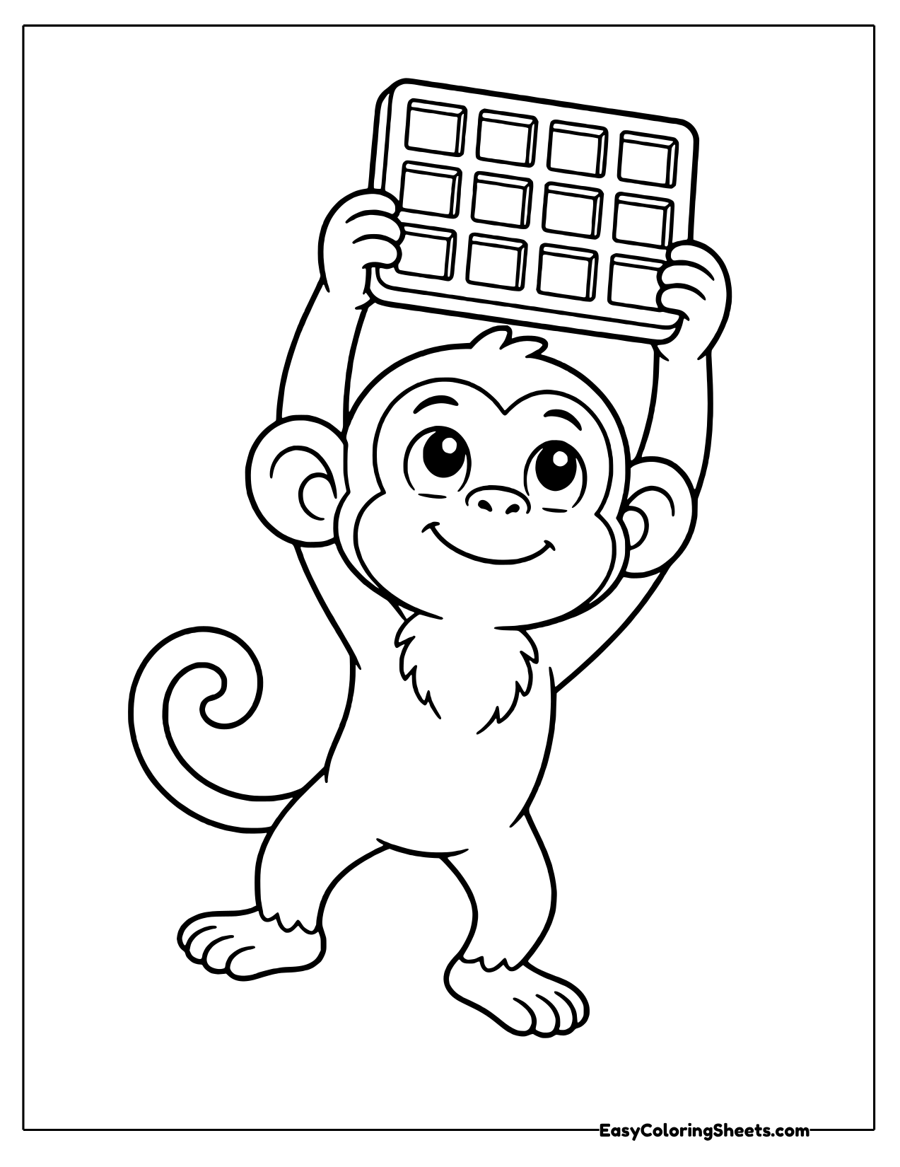 Smiling monkey holding a thick square waffle up overhead