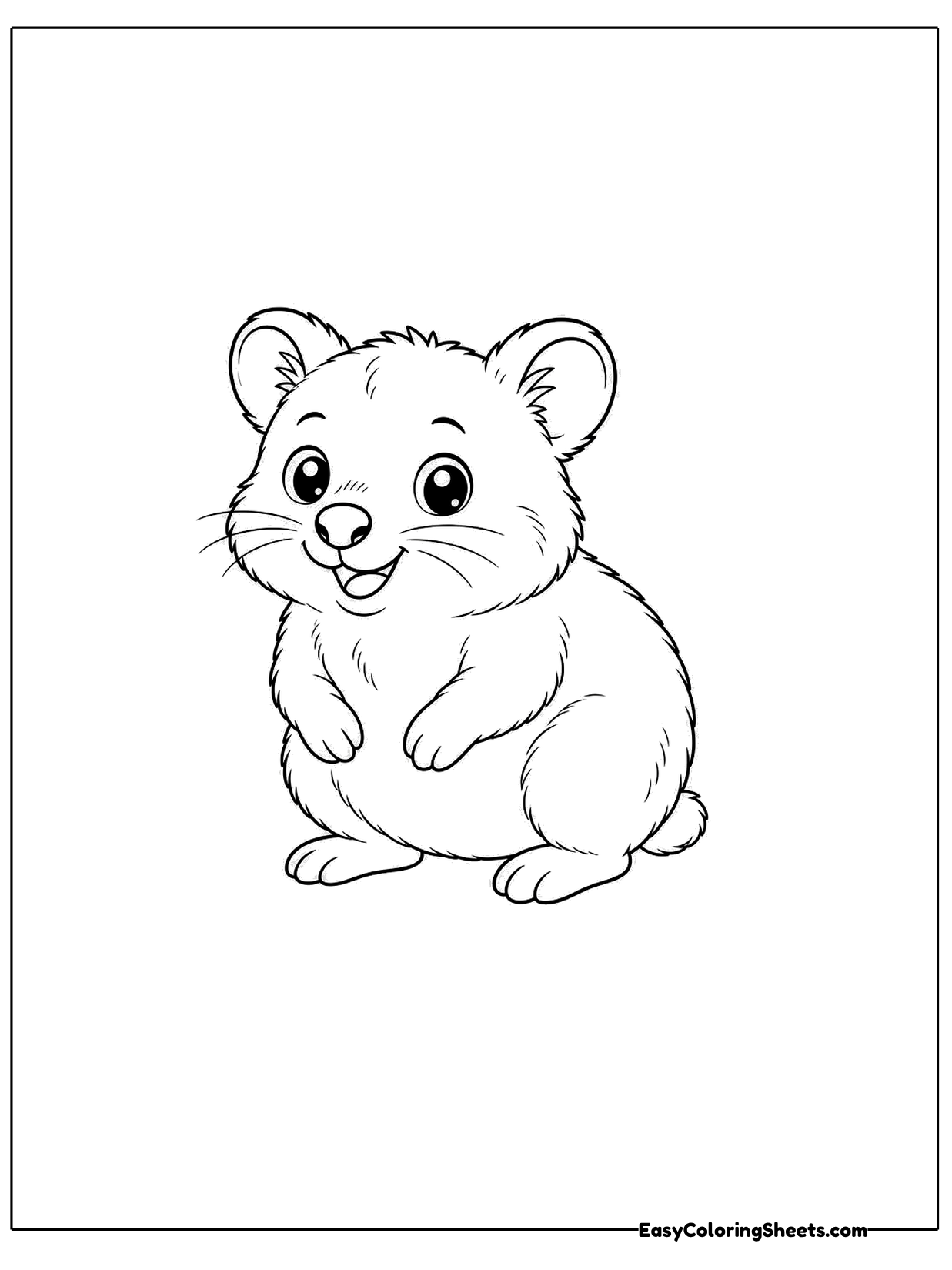 A plump quokka sits turned partly to the side with fluffy cheeks and small round ears.