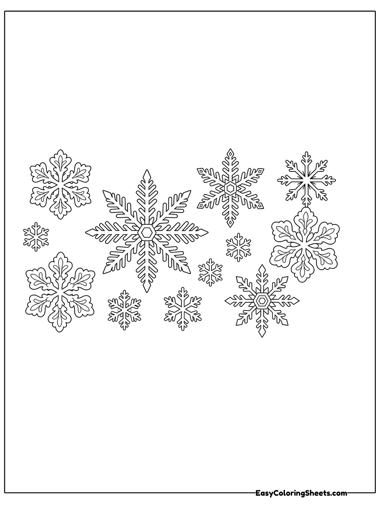 A cluster of snowflakes in different sizes and designs floats across the page.