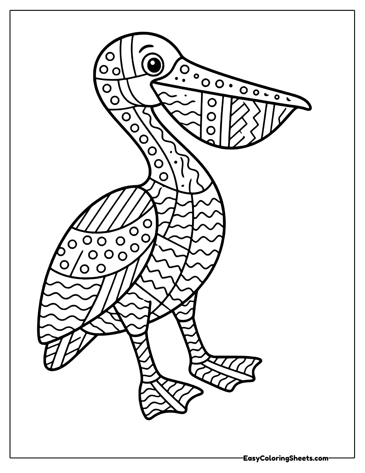 Standing pelican with a pouched beak and wing of wave, zigzag and dot panels