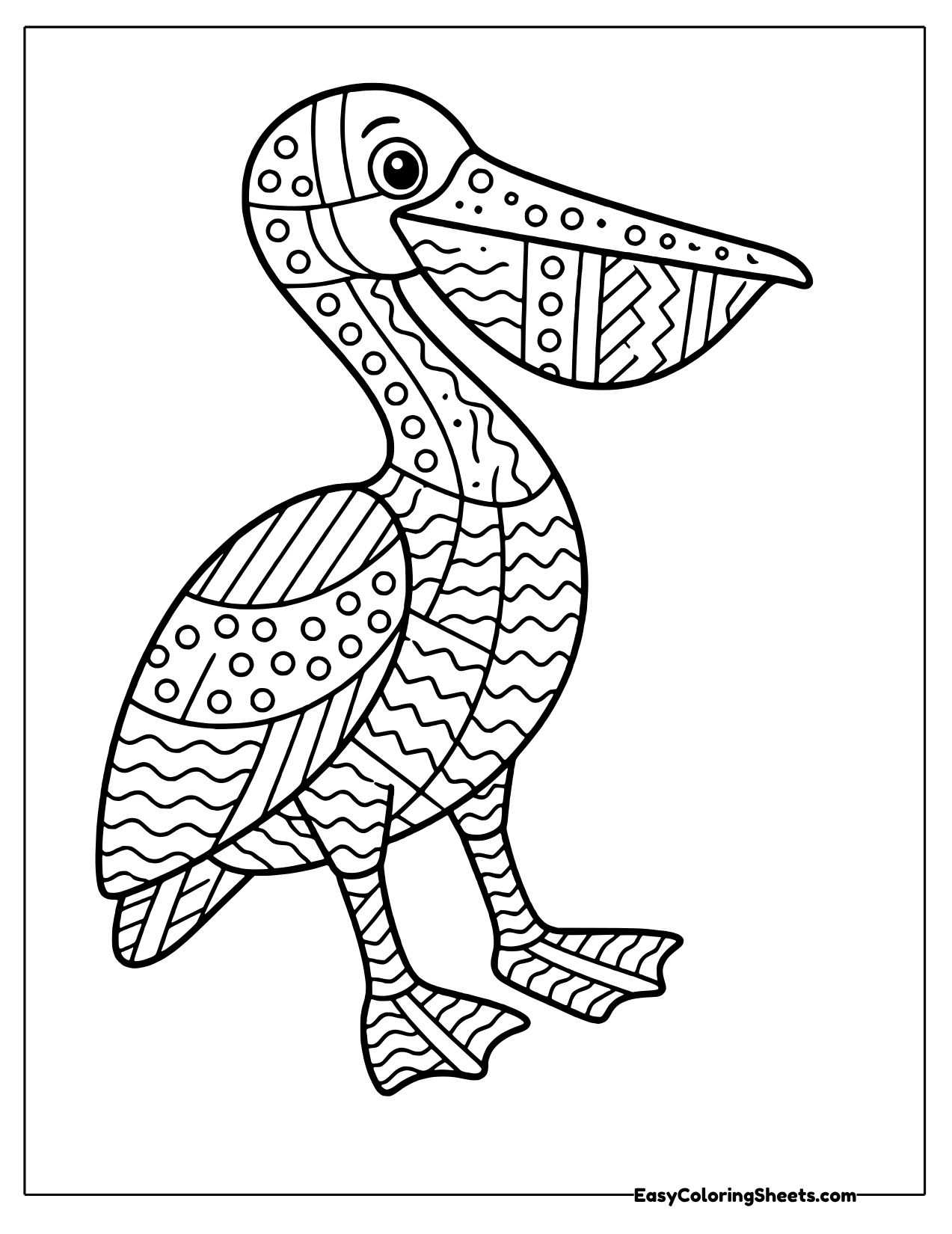 Standing pelican with a pouched beak and wing of wave, zigzag and dot panels