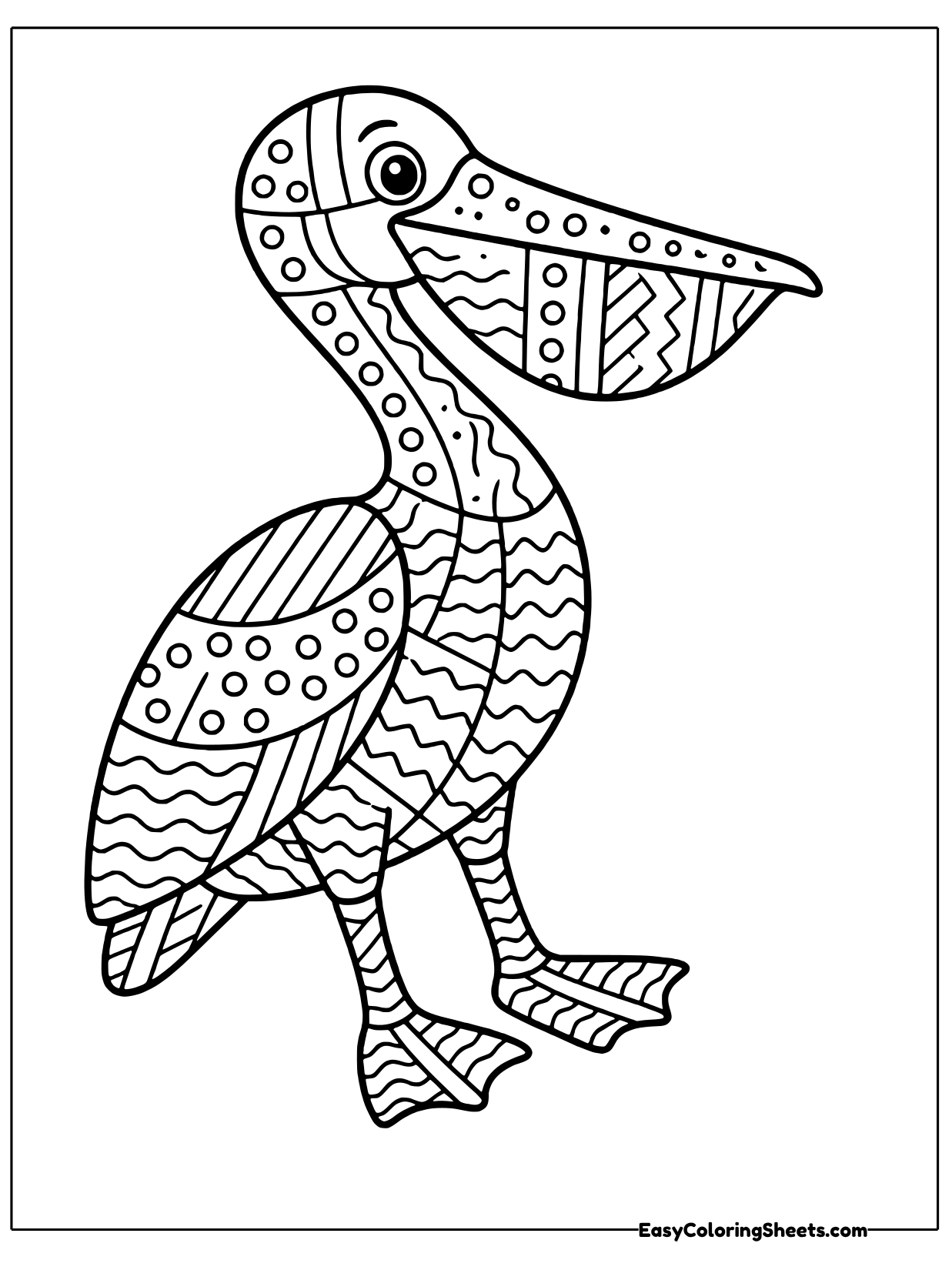 A tall pelican stands on webbed feet with its long pouched beak and folded wing pieced together from patchwork panels.