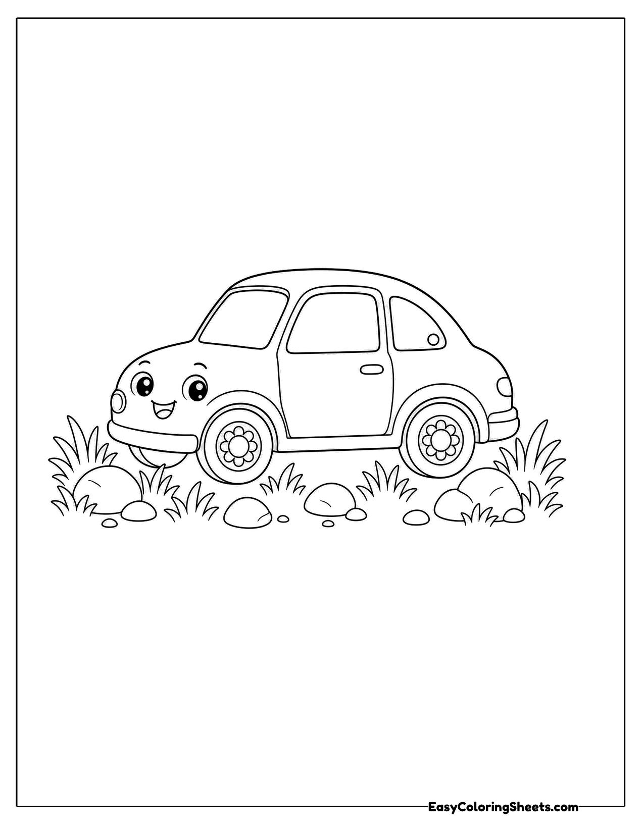 Small smiling car parked in tufts of grass