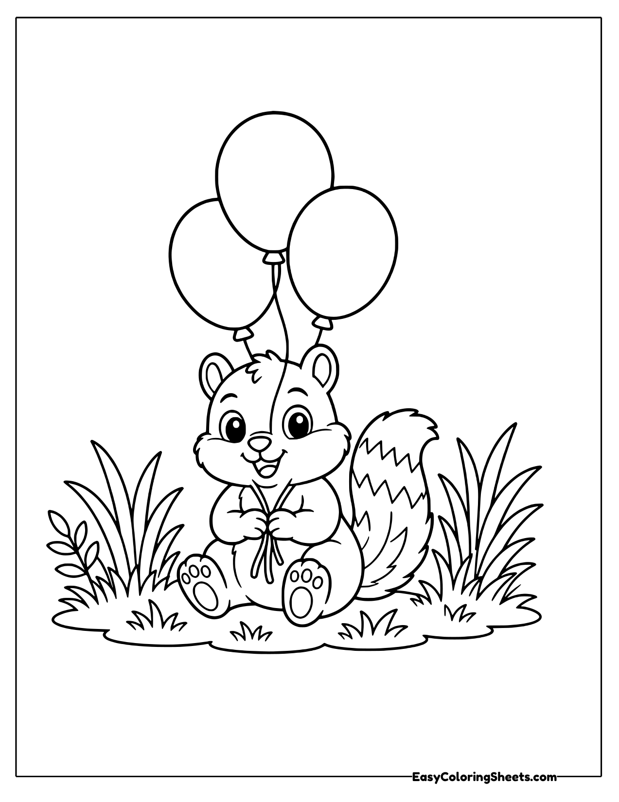 Chipmunk holding a bunch of balloons