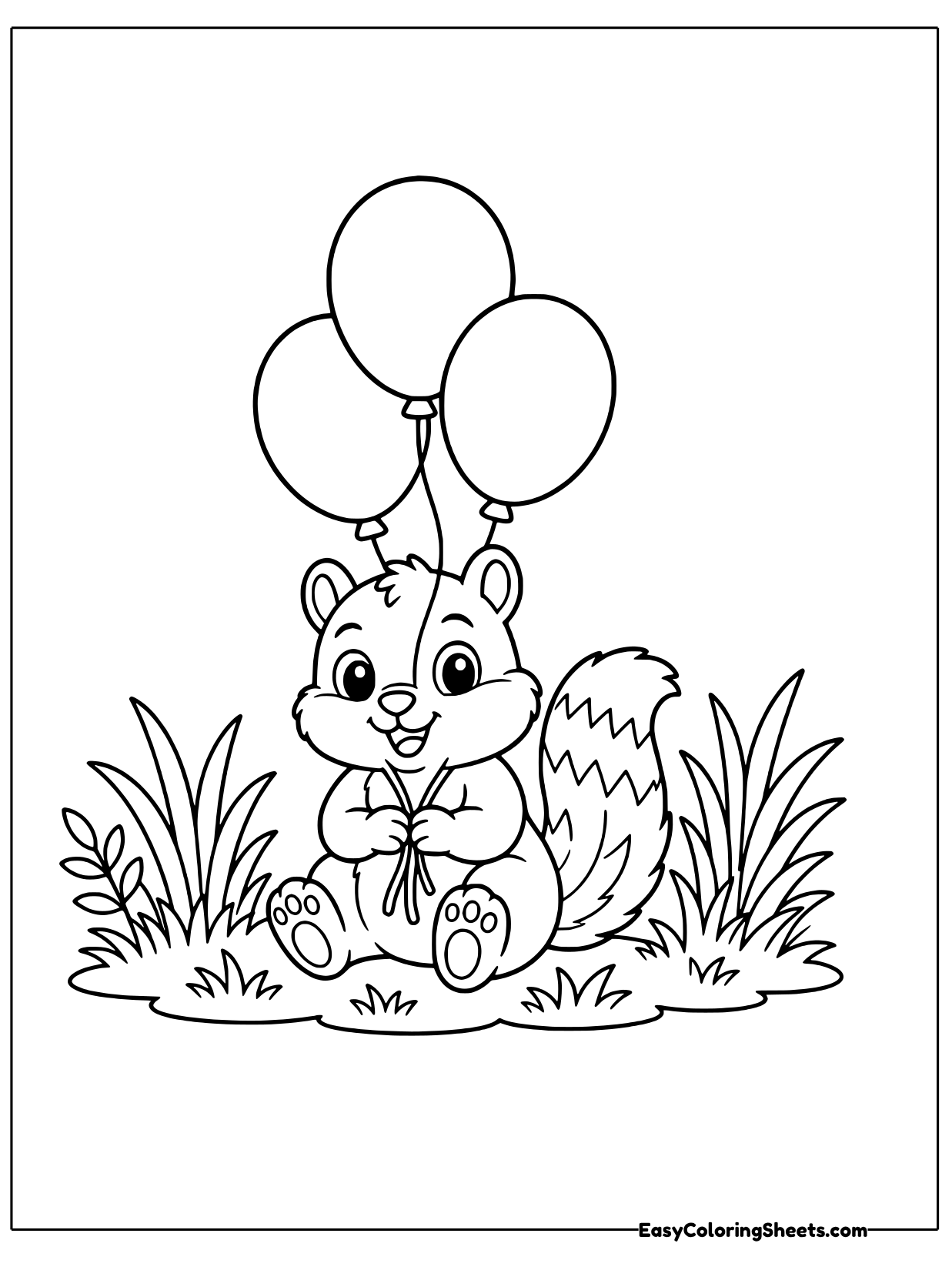 A chipmunk sits in the grass holding the strings of three floating balloons.