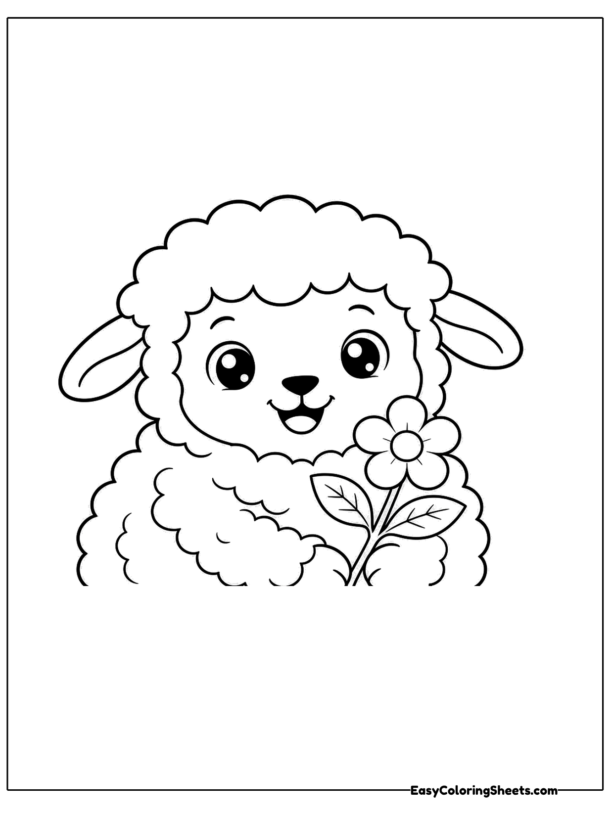 A happy sheep smiles with a little flower tucked beside it on a short stem.