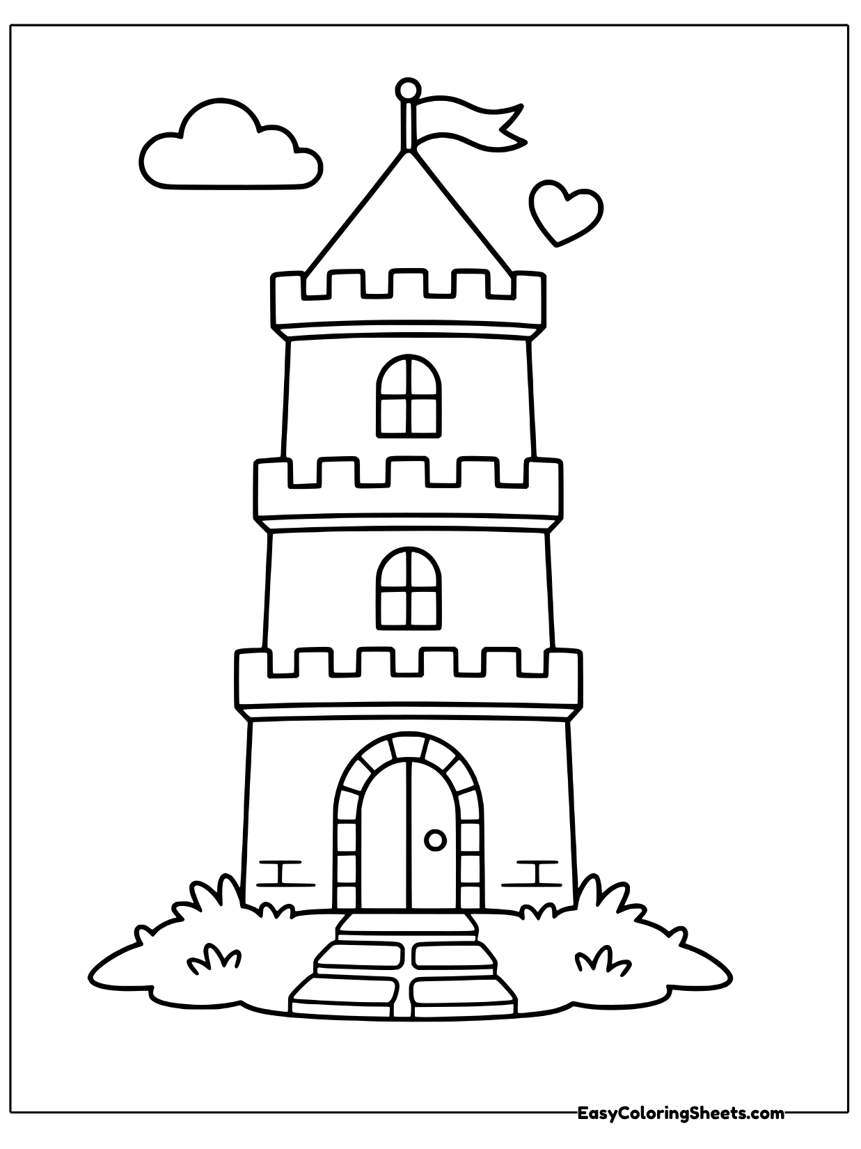 A blocky donjon tower is stacked in three floors with arched windows and a pointed roof.