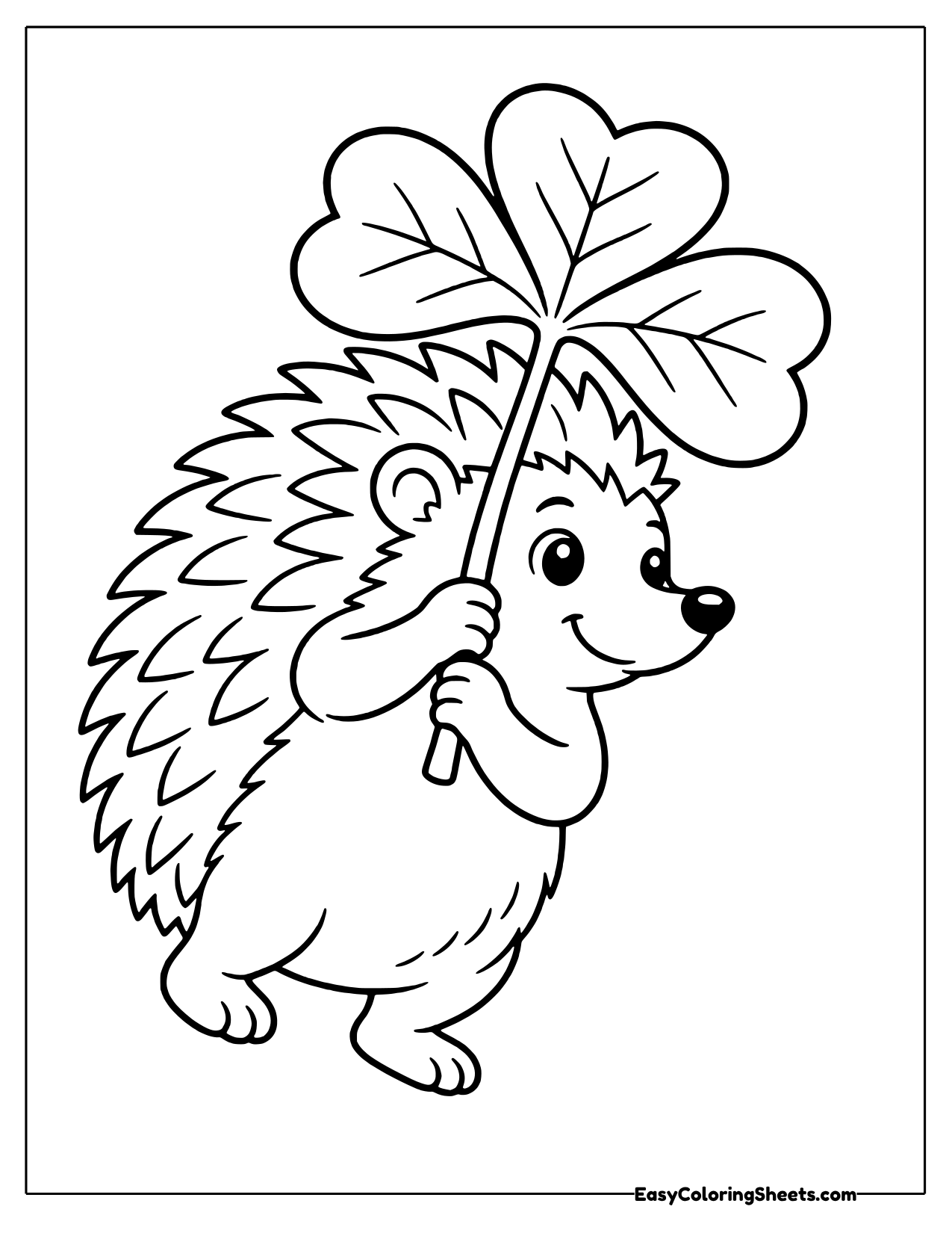 Hedgehog walking with a large shamrock held overhead like an umbrella