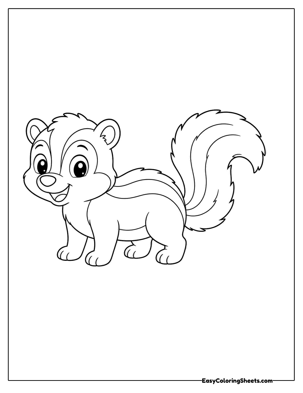Smiling skunk walking with its tail raised