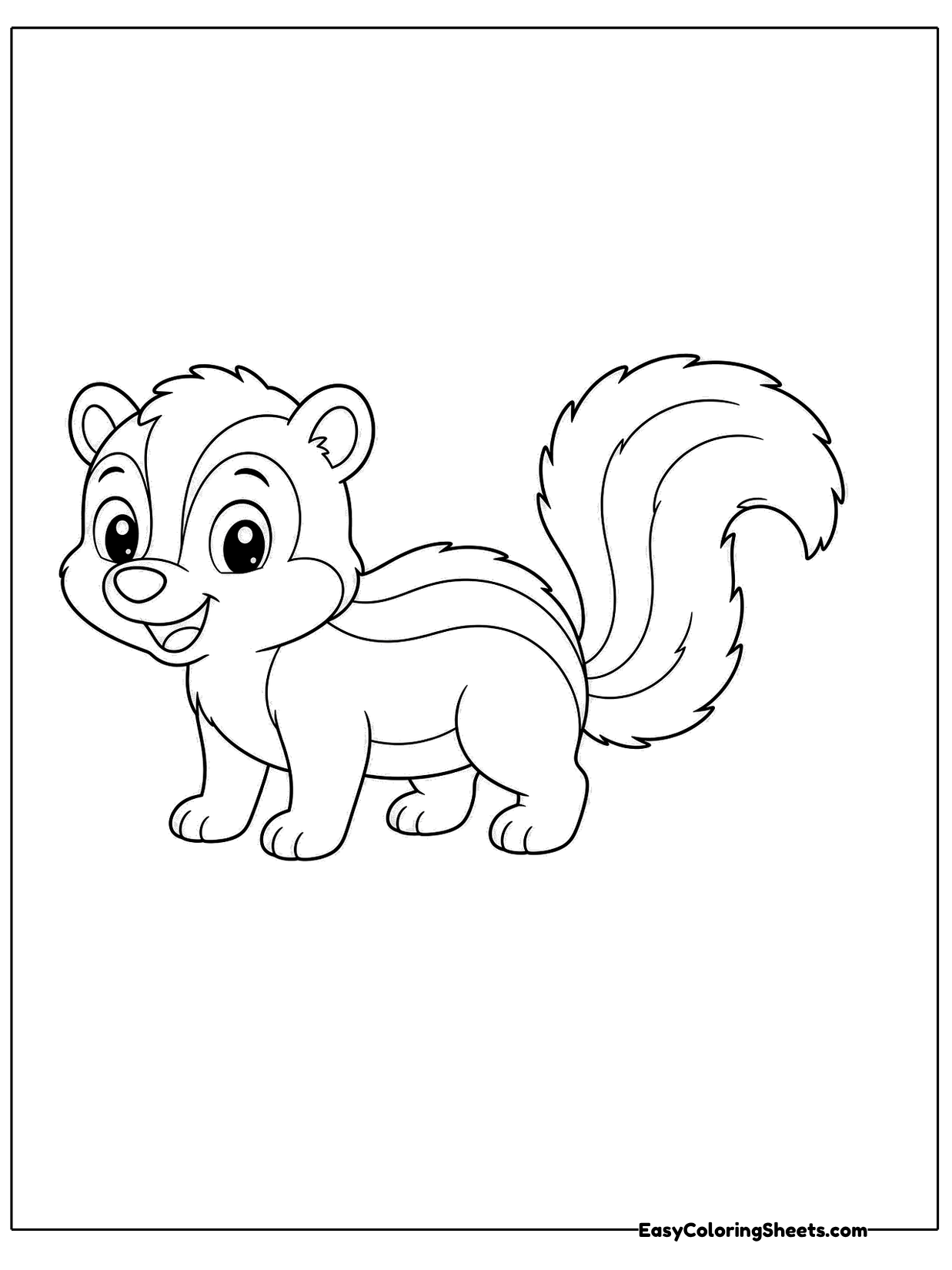 A cute skunk walks along on four paws with its striped tail lifted in a big curl.
