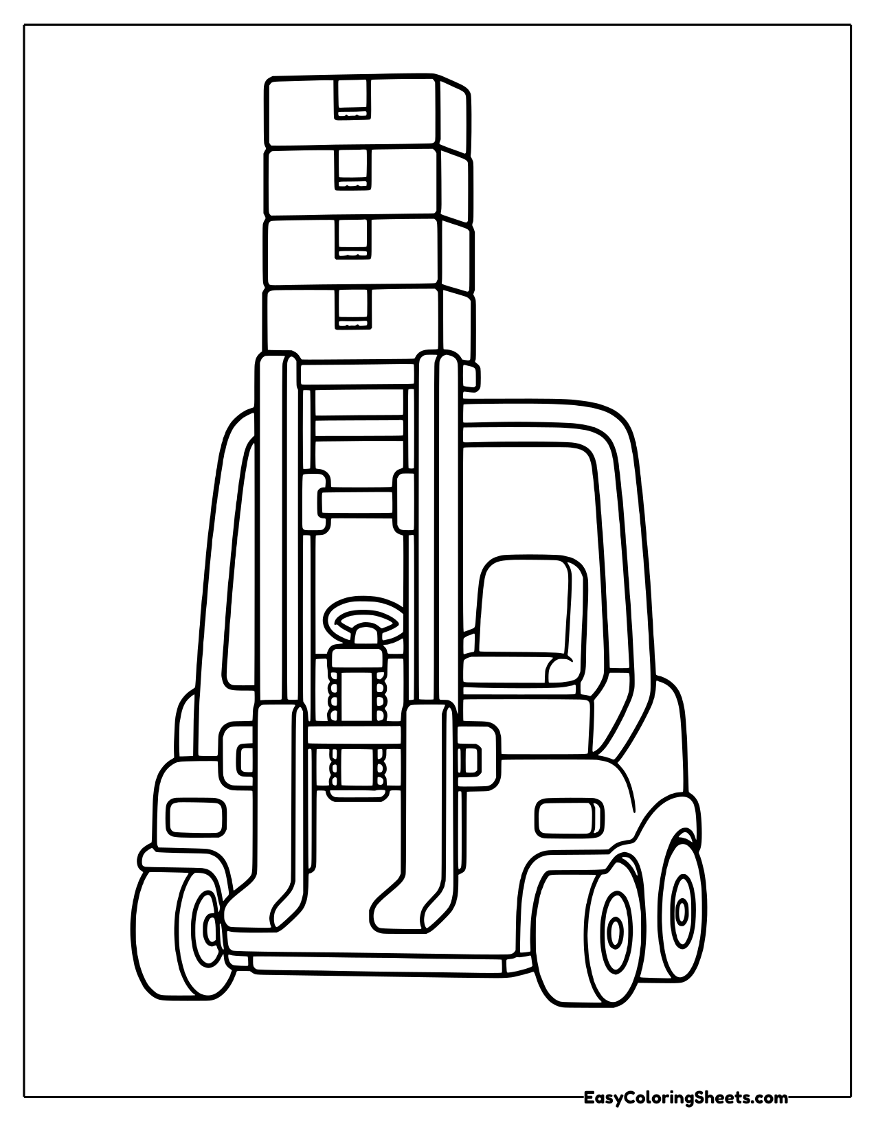 Forklift carrying a tall stack of boxes seen from the front