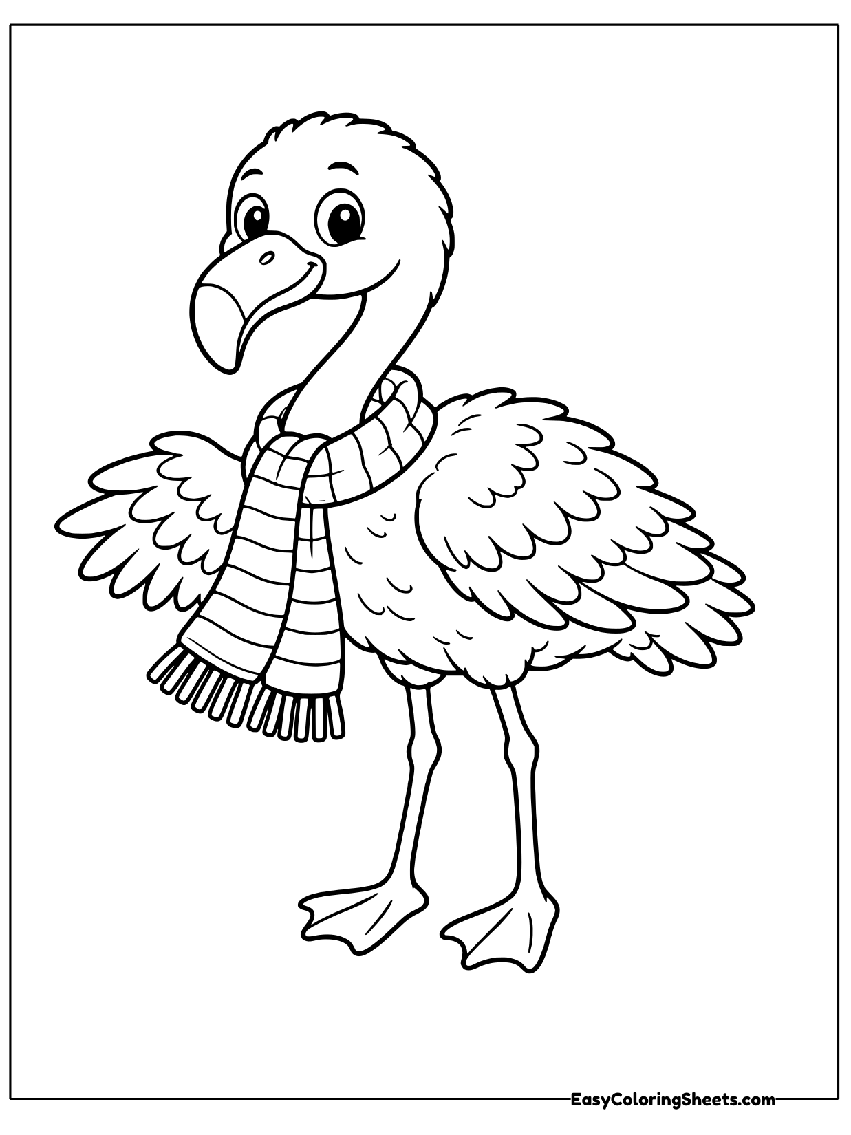 This tall flamingo wears a knit scarf with bold stripes that hangs down its fluffy chest.