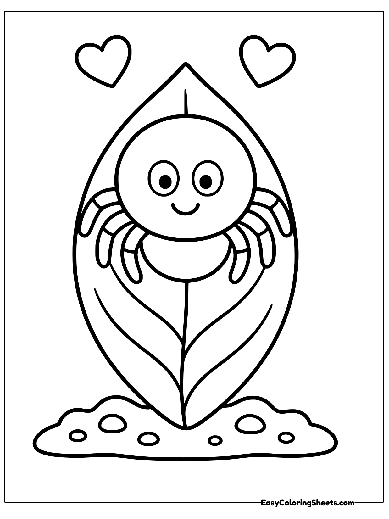 A small spider stands in the middle of a big pointed leaf with a center vein.