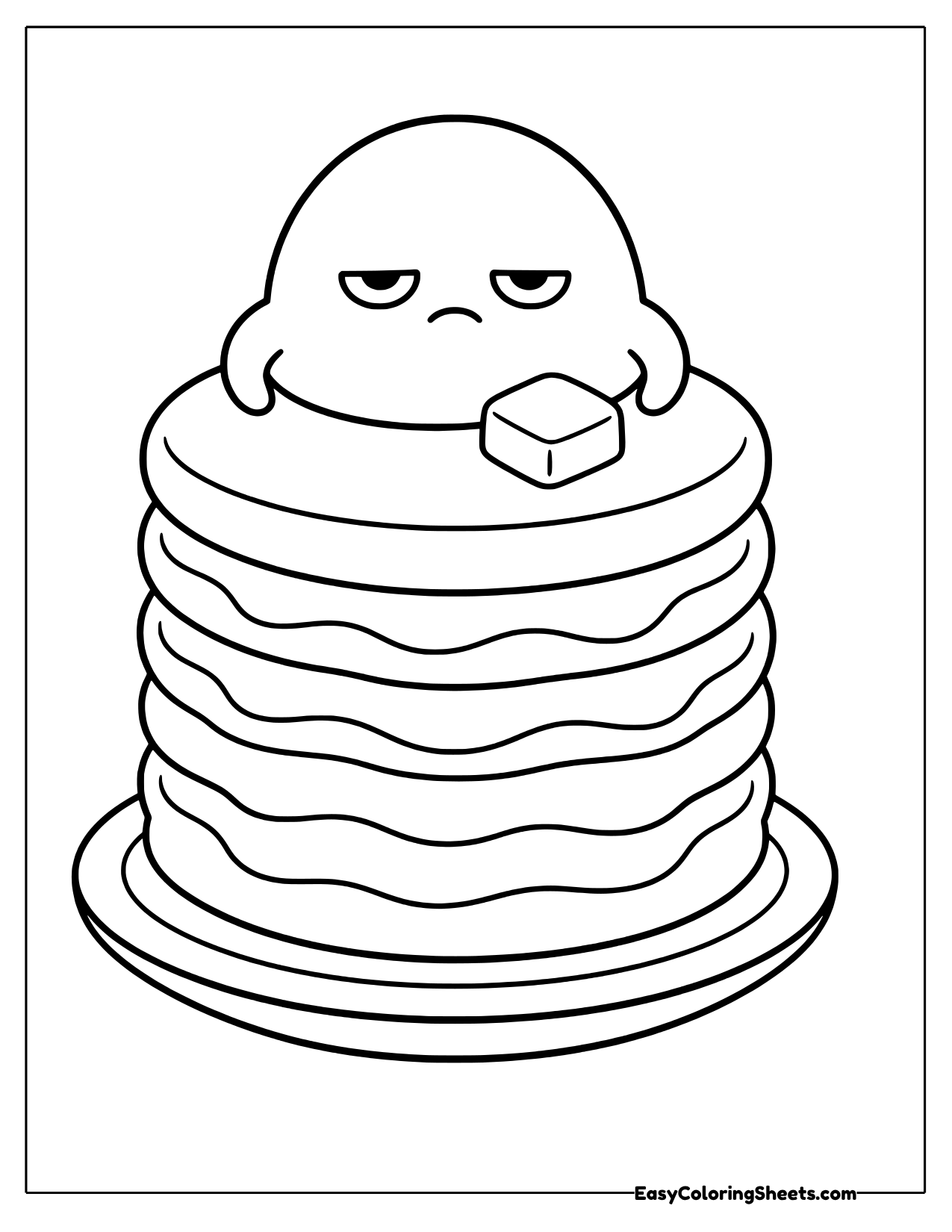 Lazy Gudetama lying on top of a tall pancake stack with a pat of butter on a plate