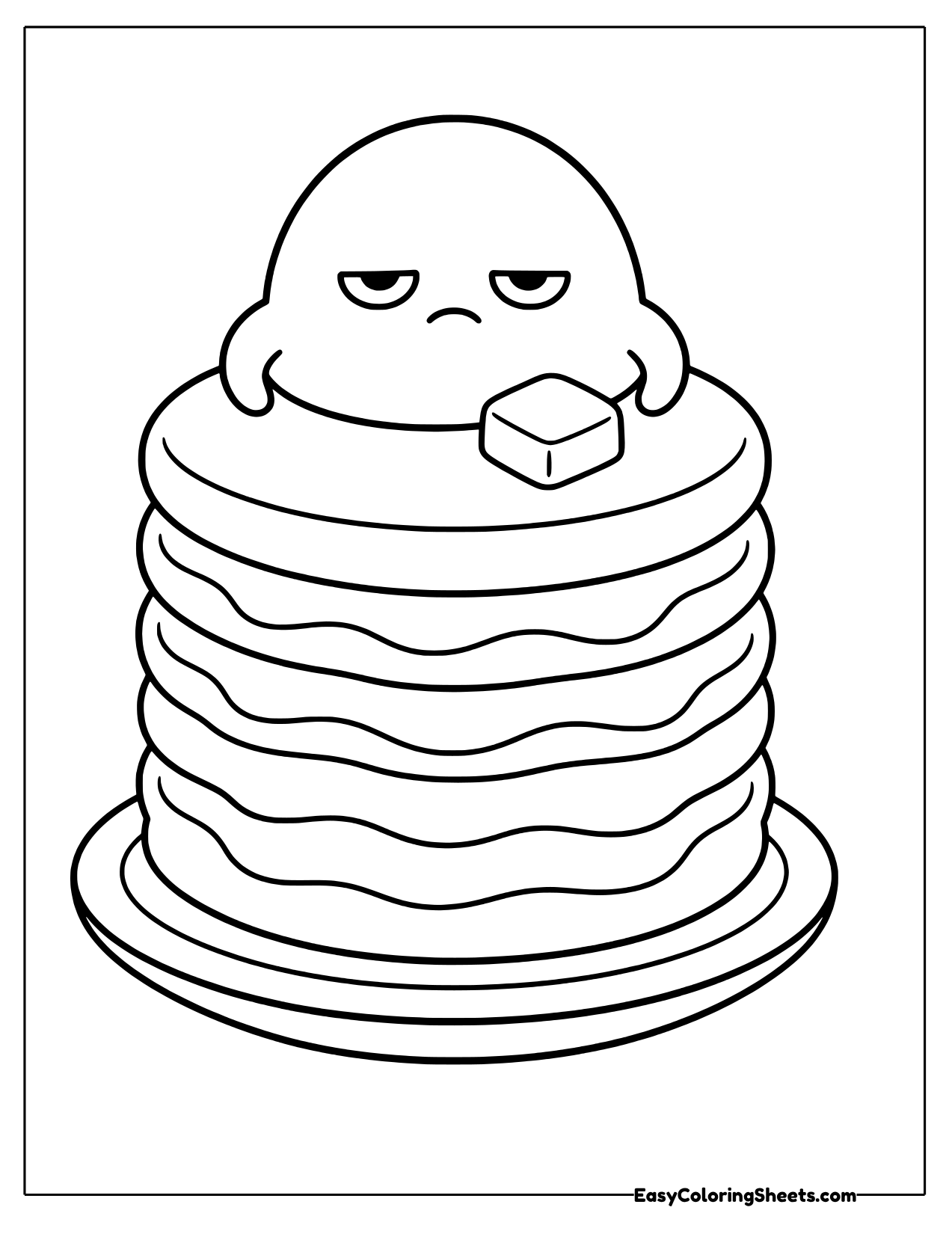 Lazy Gudetama lying on top of a tall pancake stack with a pat of butter on a plate
