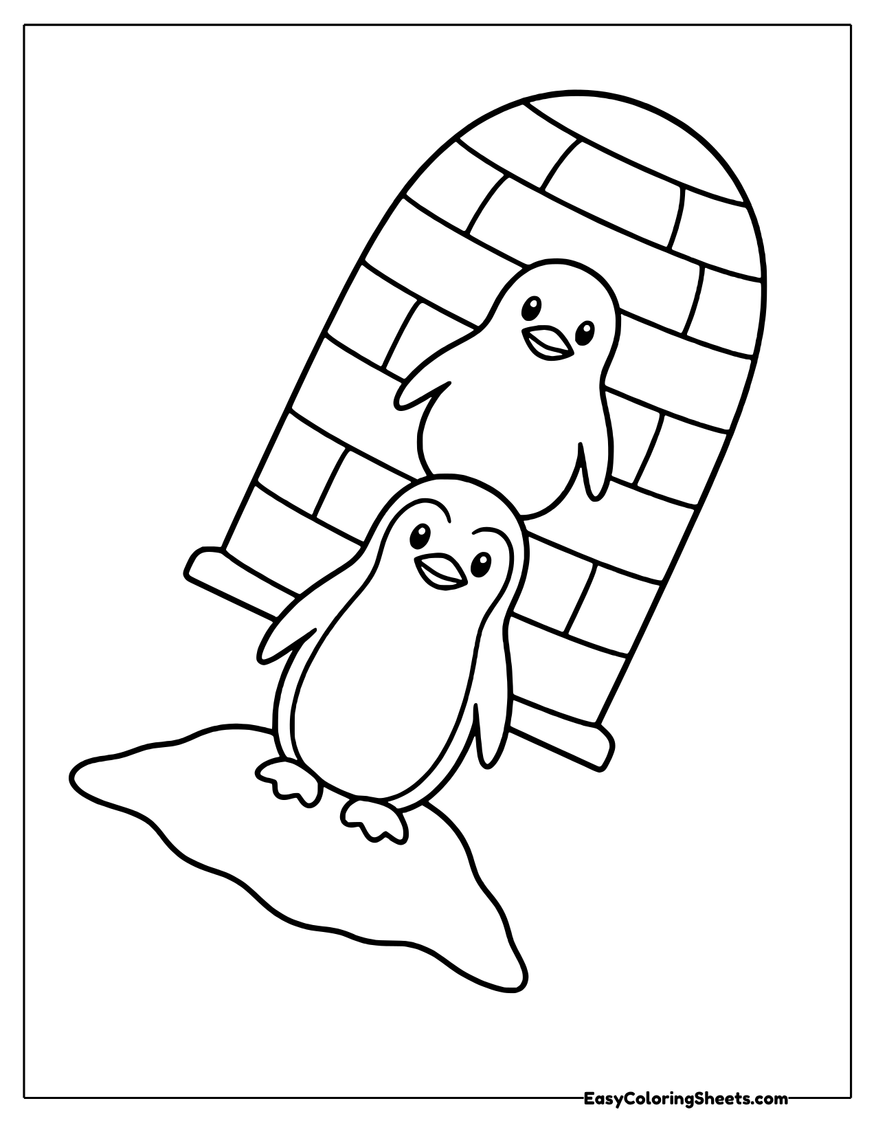 Two penguins standing at a tall ice block igloo