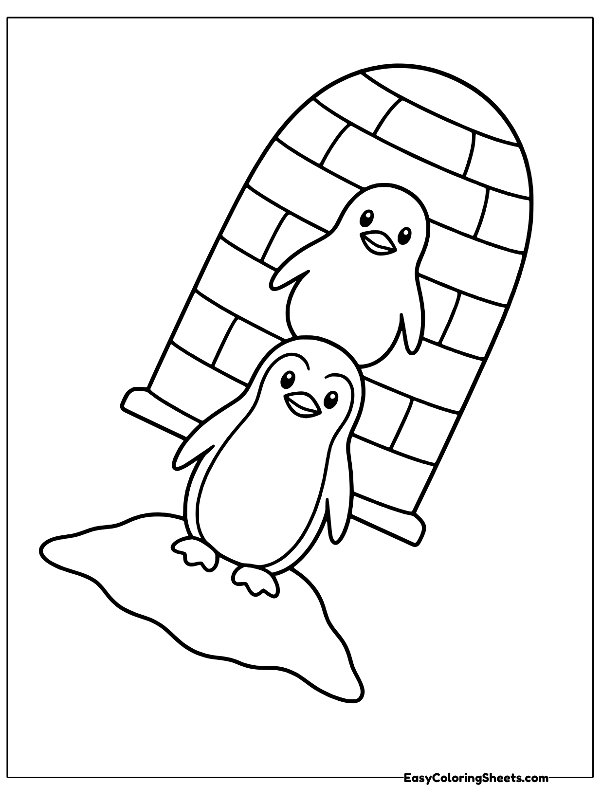 Two penguins stand in front of a tall dome igloo built from neat ice blocks, one peeking out from the doorway.