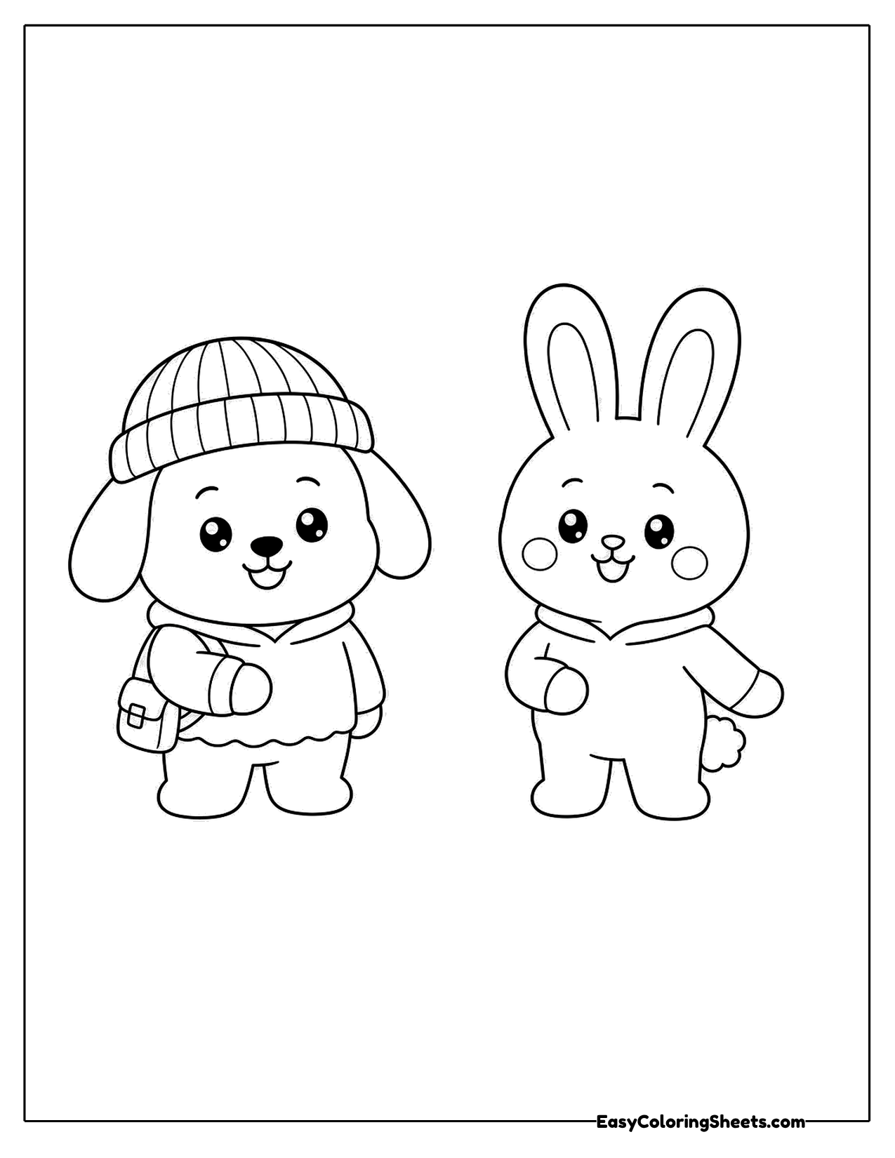 Puppy and bunny plush friends in winter gear