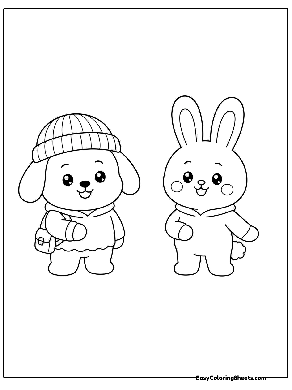 A puppy in a knit beanie and a bunny in a scarf stand side by side like two plush toy friends.