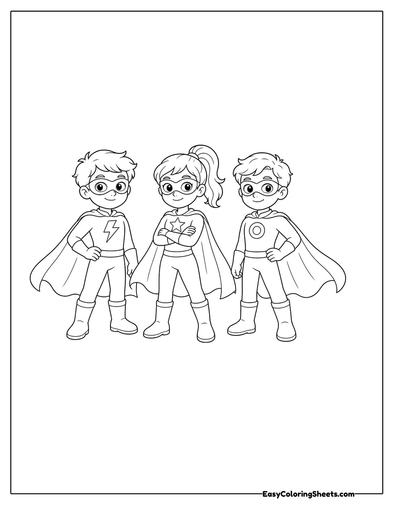 Team of three young superheroes standing together