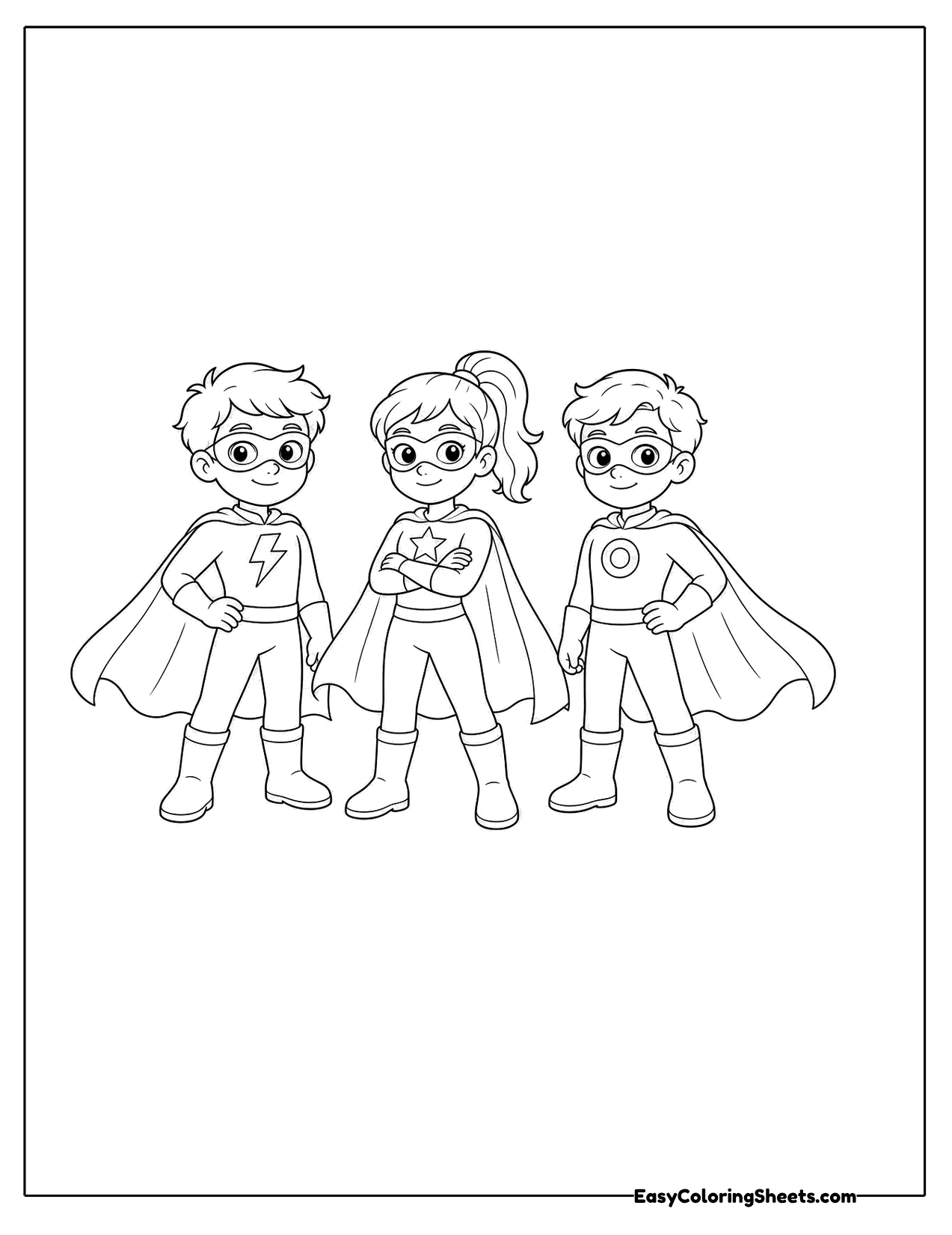 Team of three young superheroes standing together