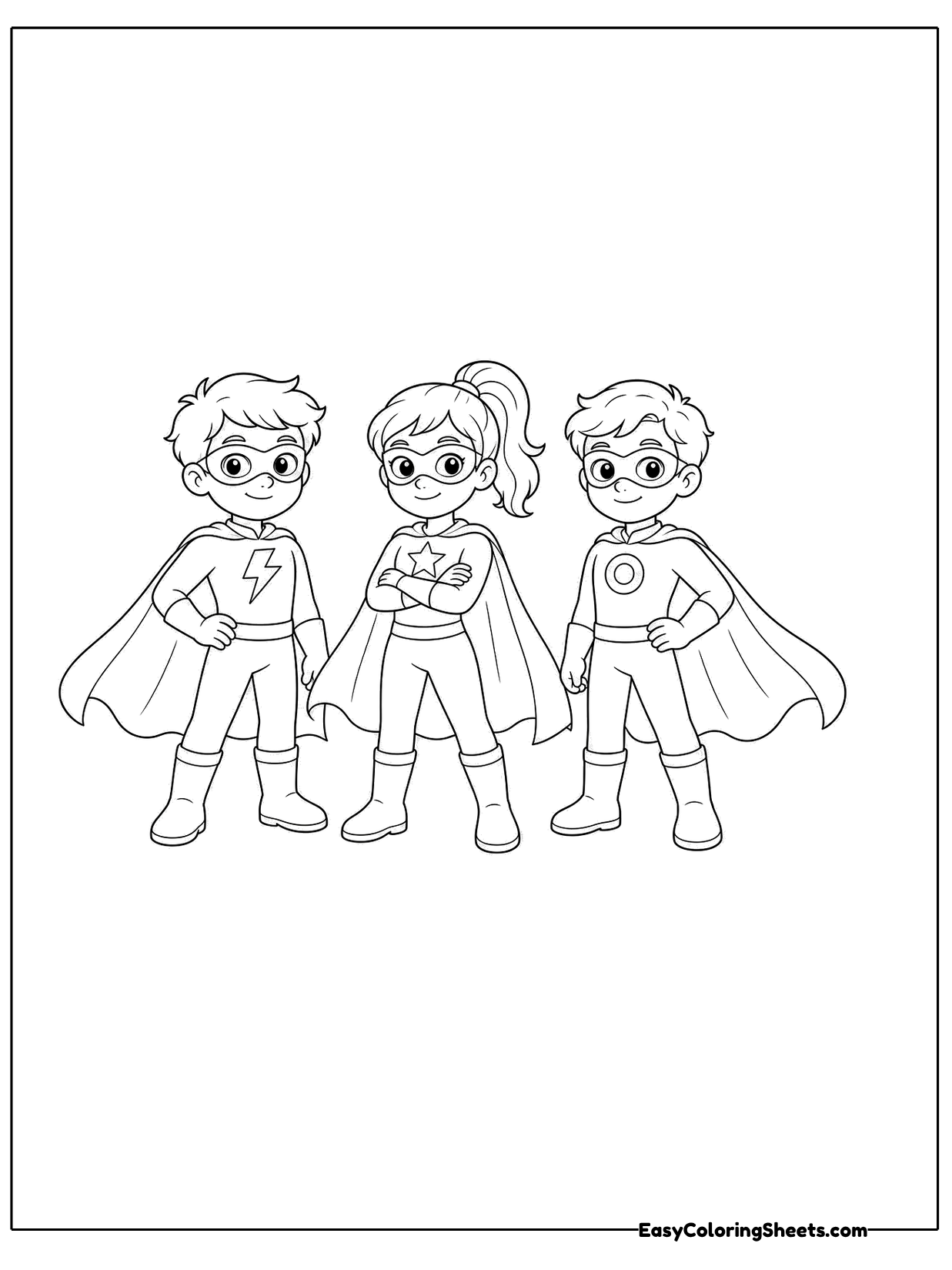 Three kid heroes in capes and masks stand side by side, ready to save the day.