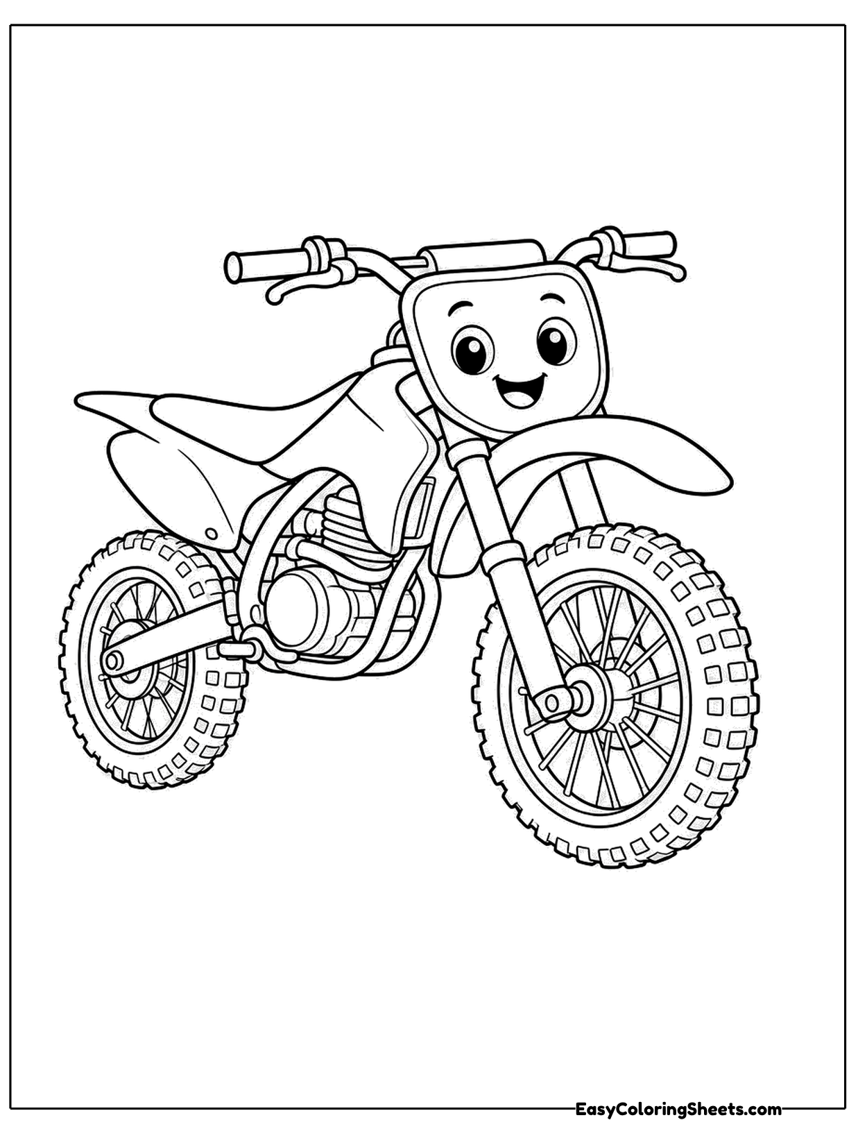 A dirt bike with a cute face on its front headlight has knobby tires and tall suspension.
