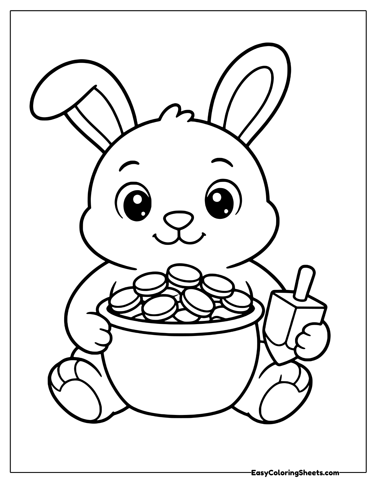Bunny holding a pot of coins beside a spinning top