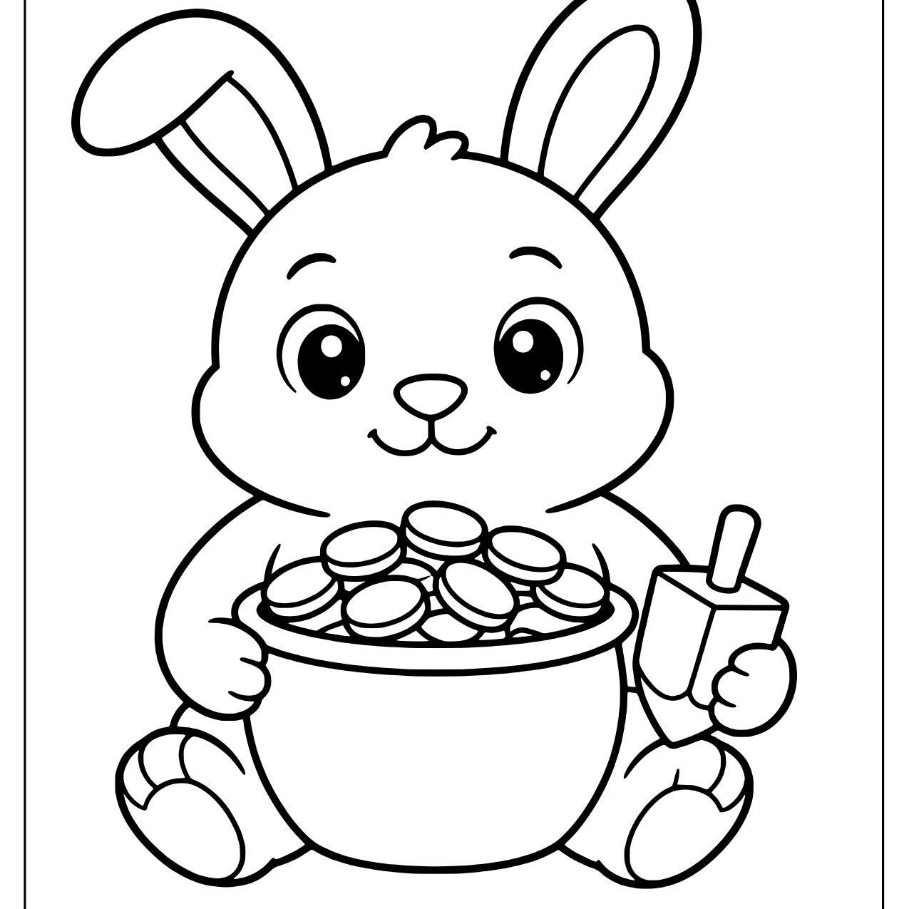 Bunny holding a pot of coins beside a spinning top