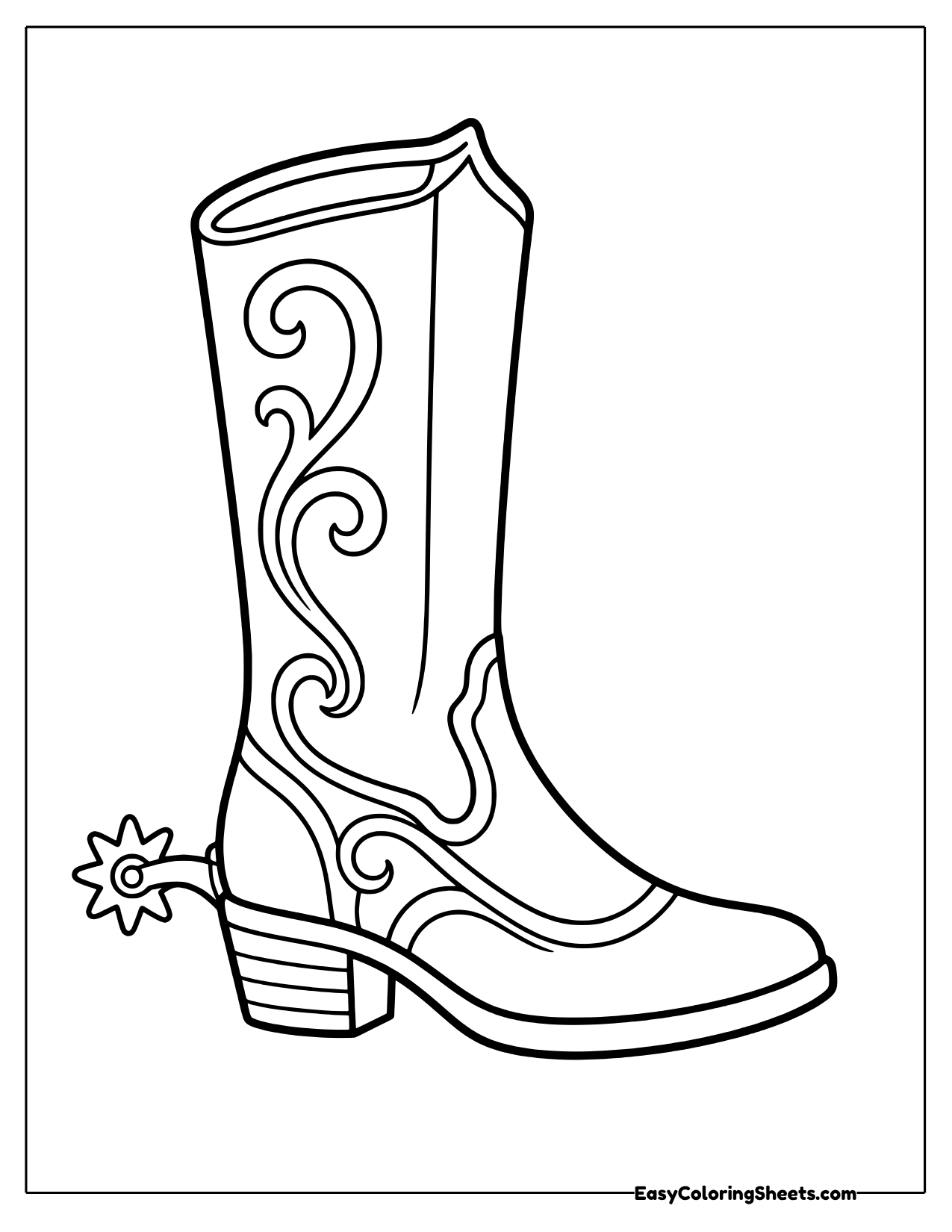 Tall decorated cowboy boot with swirl stitching and a star spur