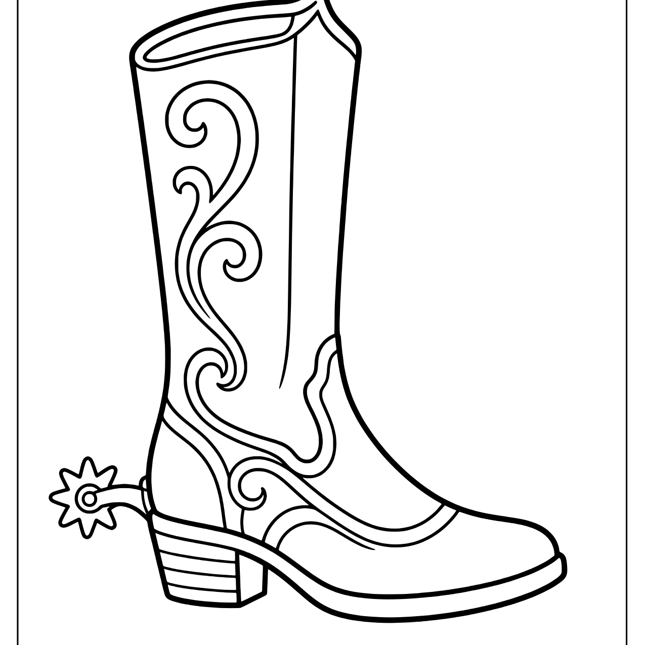 Tall decorated cowboy boot with swirl stitching and a star spur