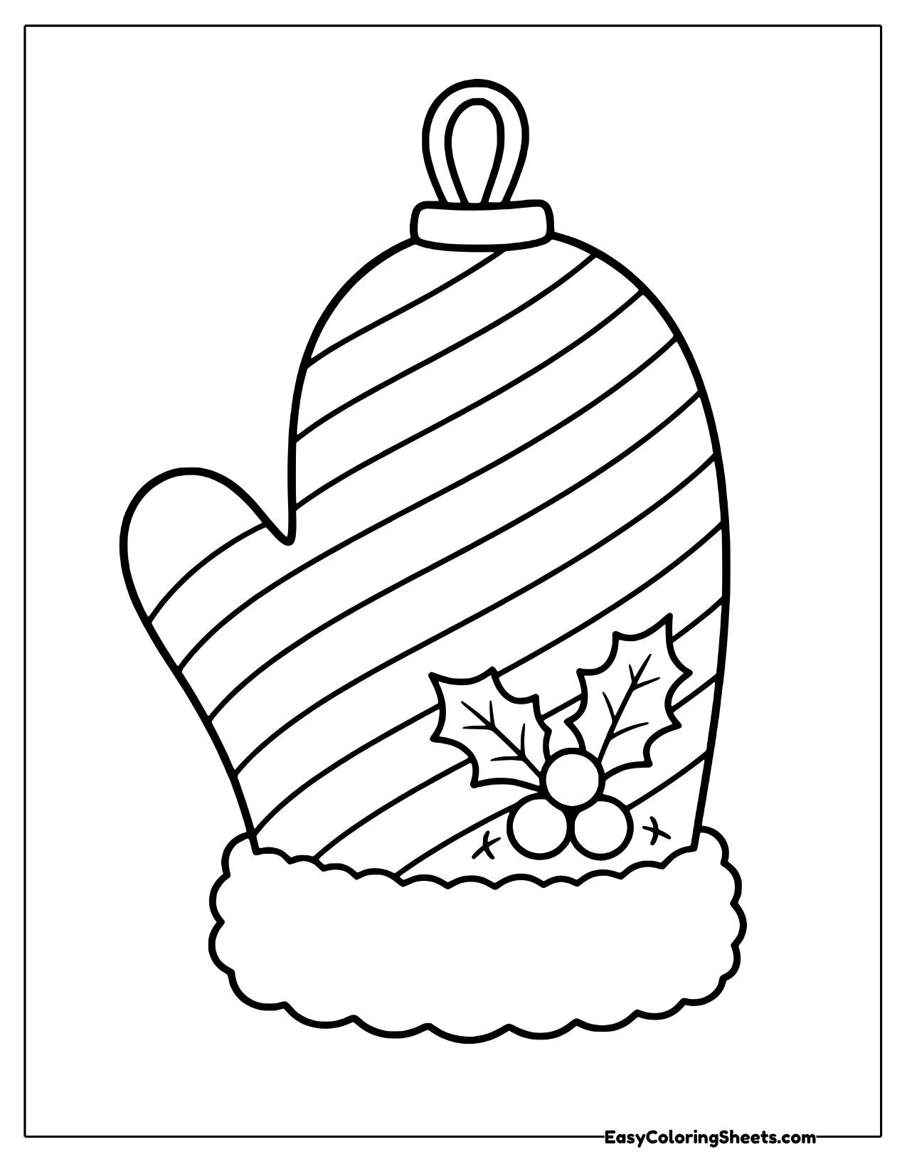 Mitten with candy cane stripes and holly