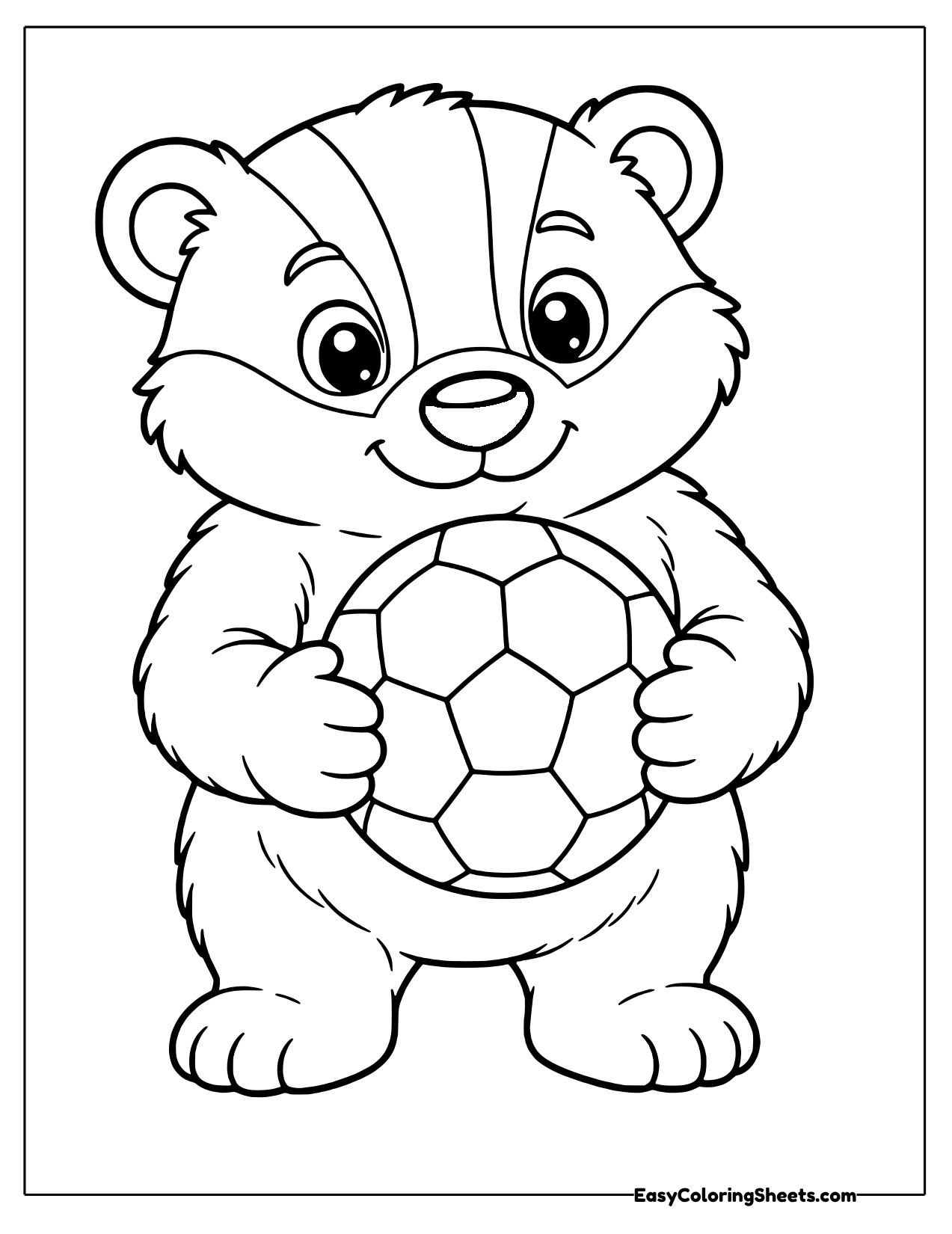 Friendly badger hugging a soccer ball against its chest