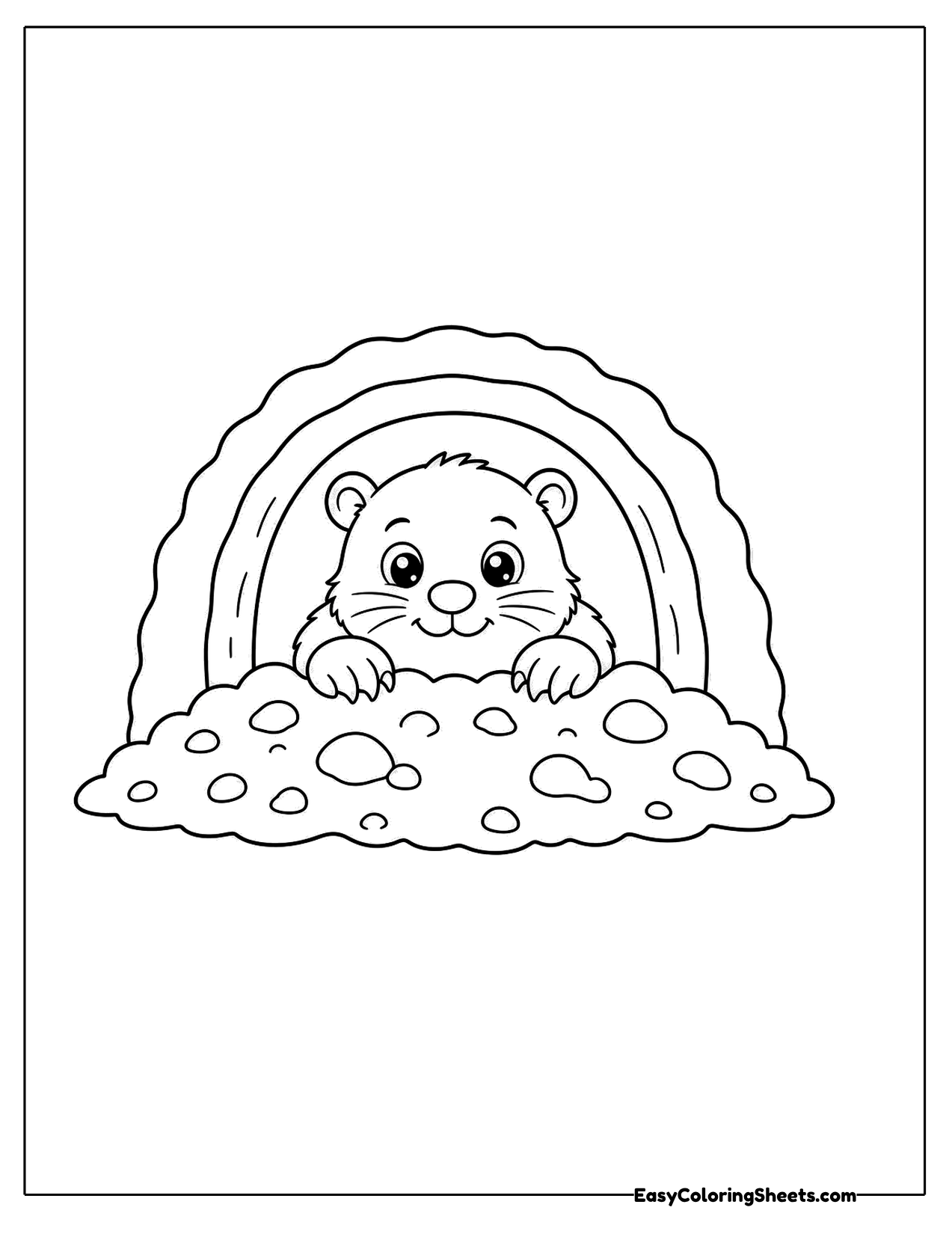 Mole looking out of a tunnel under a rainbow