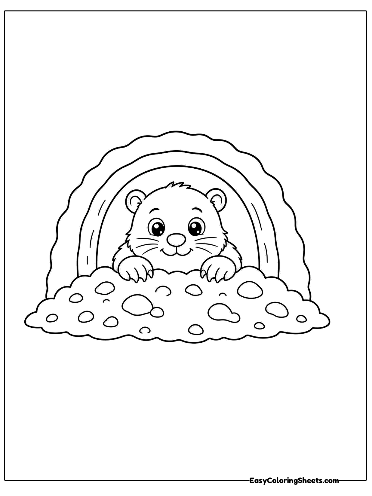 A mole peeks out from a round tunnel entrance in a pebbly mound, with an arching rainbow behind.