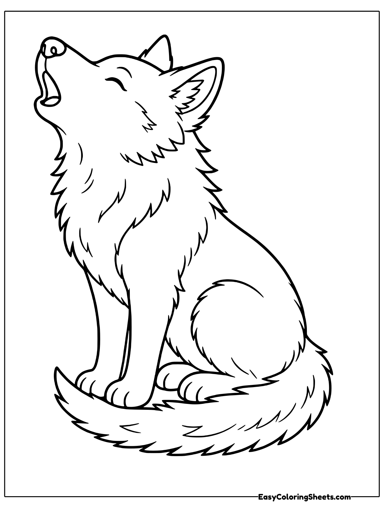 A wolf sits tall and howls at the sky.