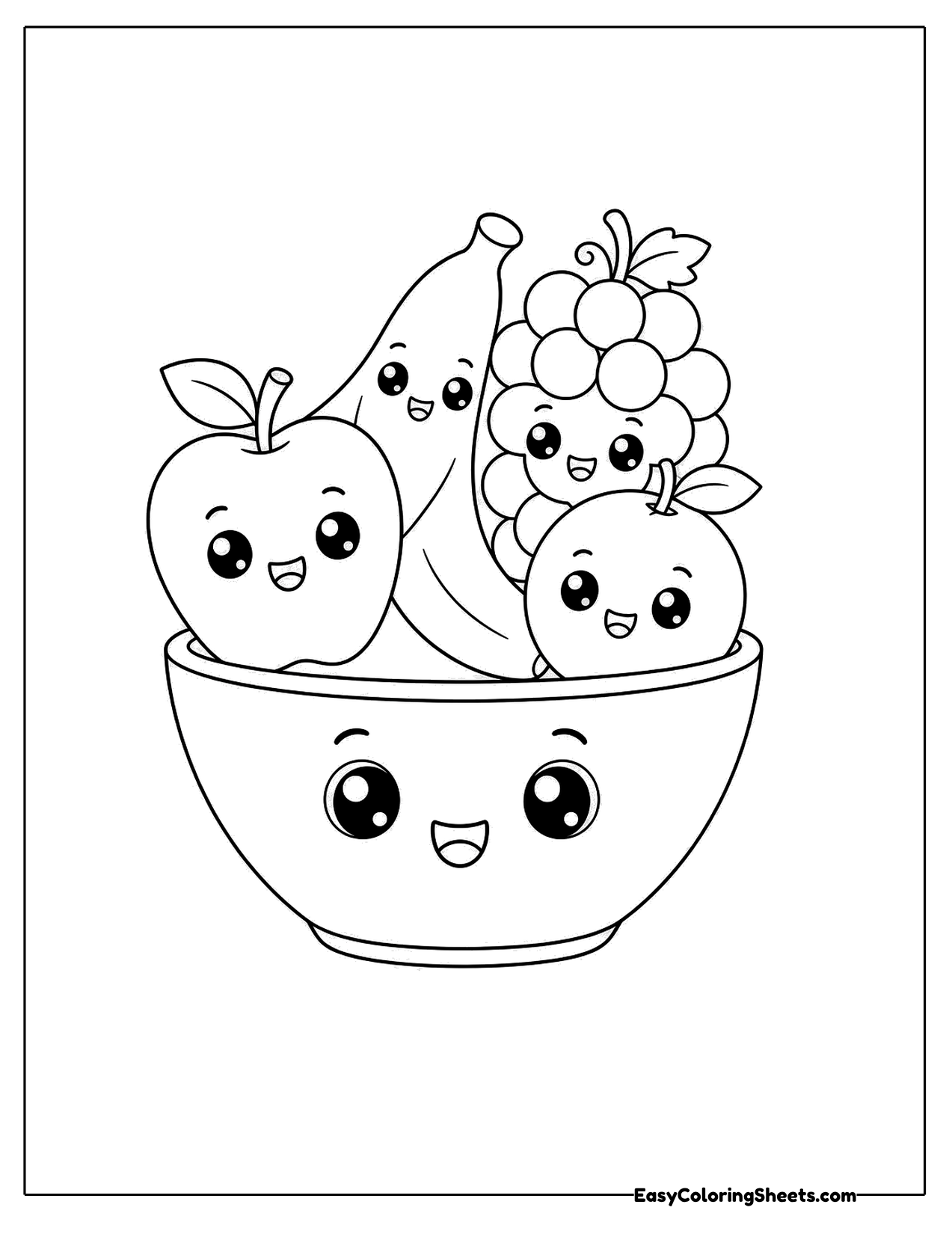 Fruit bowl with smiling apples, pears and grapes