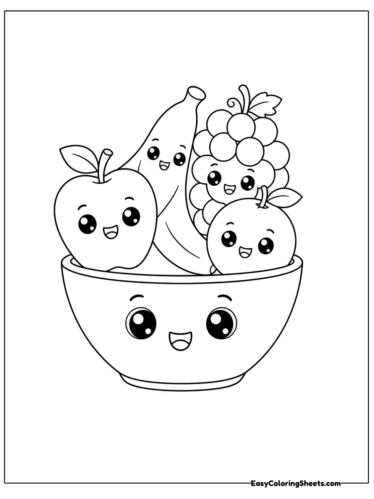 A round bowl with a happy face holds a pile of cheerful fruit, including an apple, a pear, a banana and a bunch of grapes.