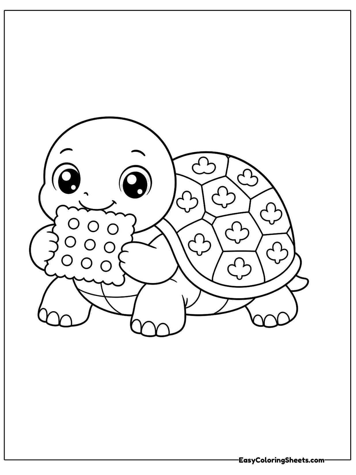 A cheerful turtle holds a square cracker dotted with little holes and takes a happy nibble.