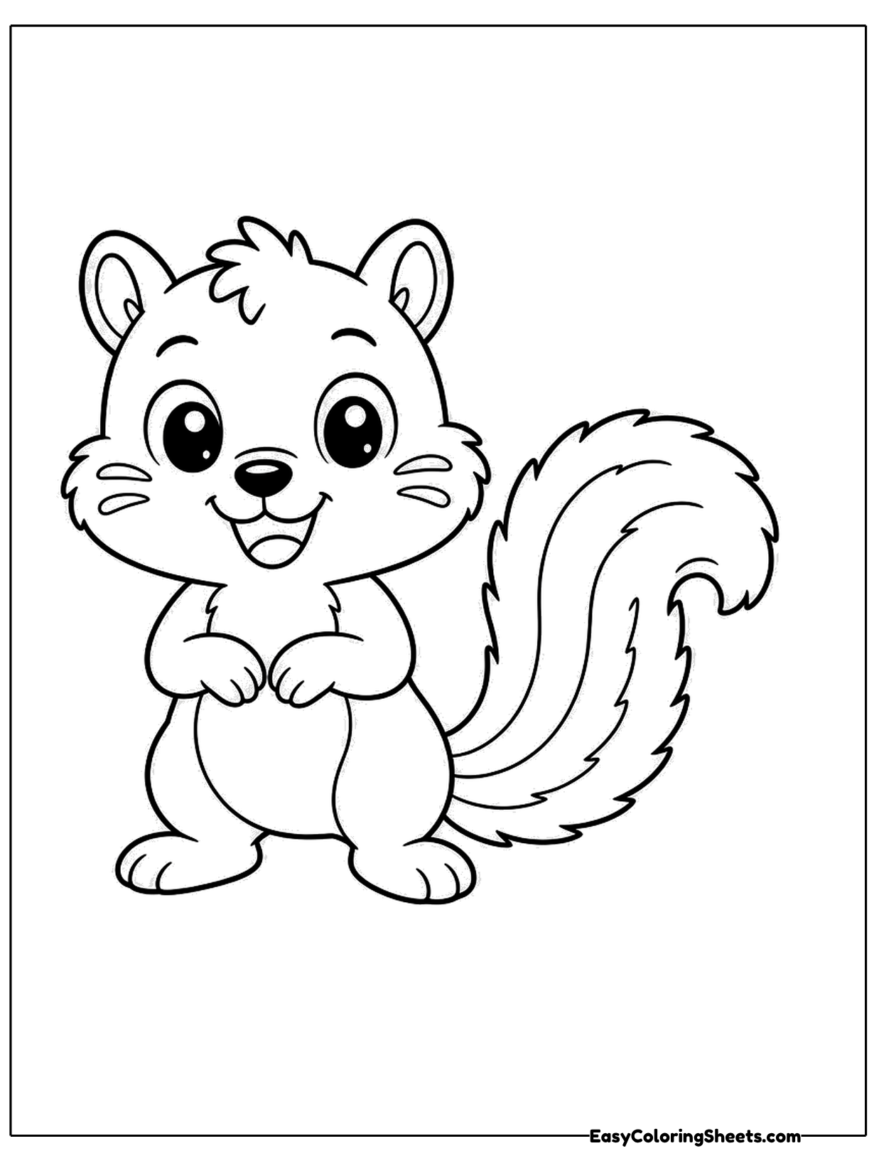 A cartoon chipmunk stands upright with its paws held together and a wide grin, its fluffy tail sweeping out to the side.