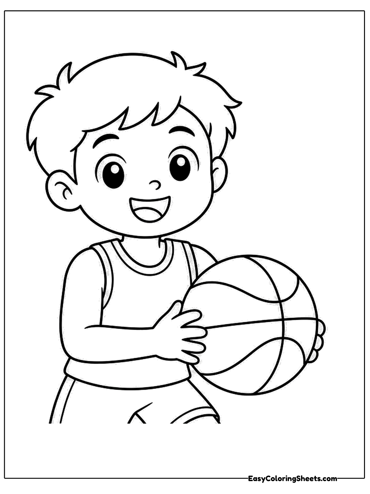 A smiling boy in a tank top holds a basketball under his arm with both hands.