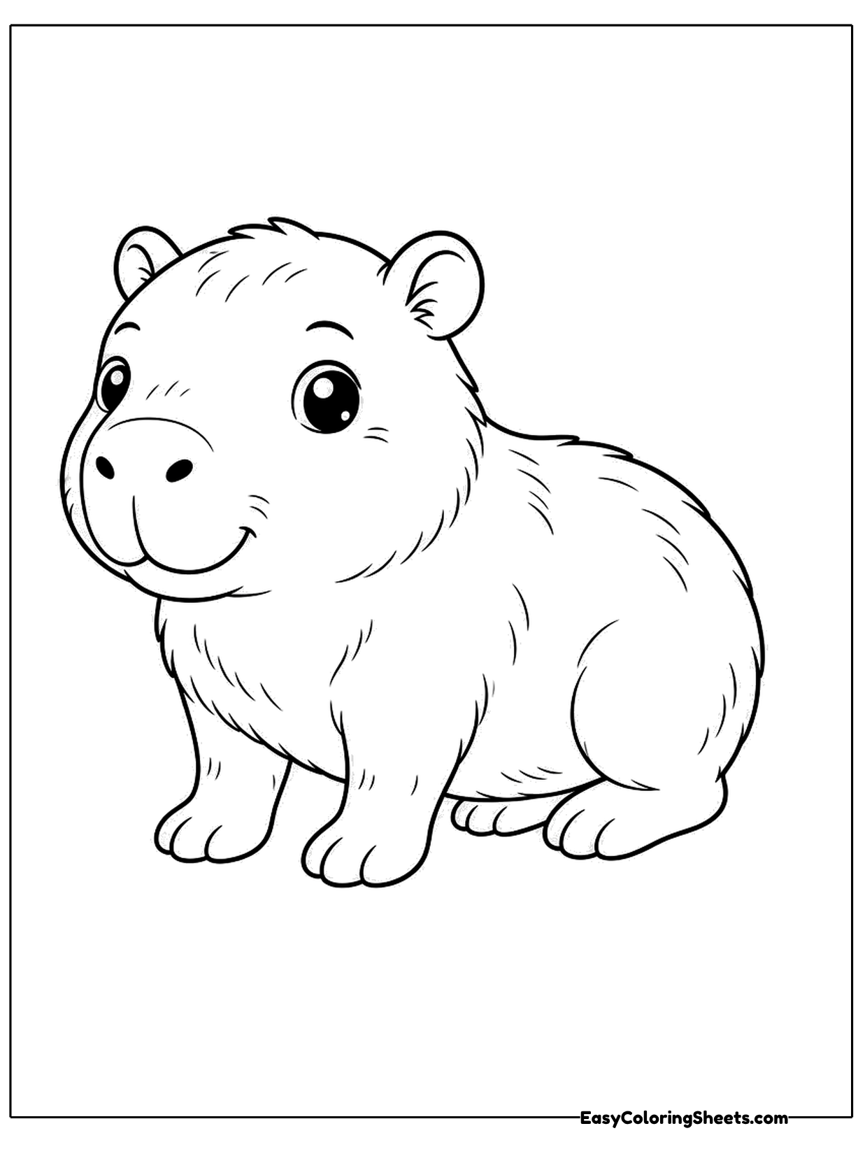 A baby capybara with a round body, tiny ears and a gentle face stands on four short legs.