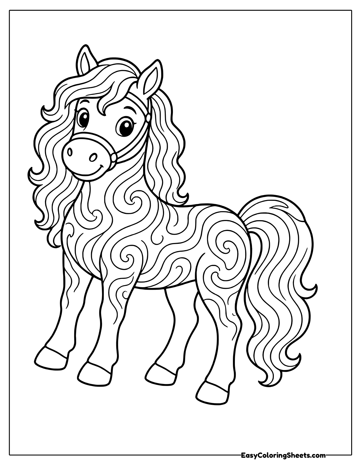 Friendly horse with a curly mane filled with groovy swirls
