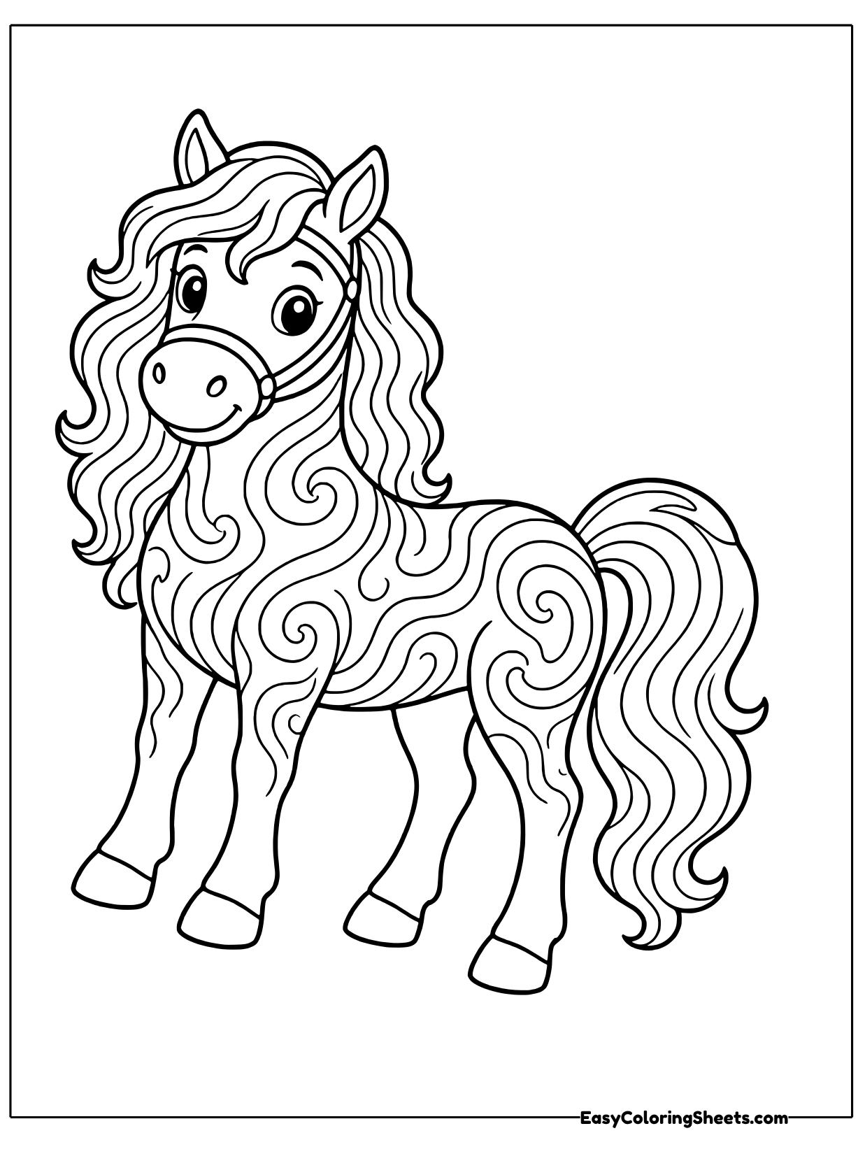 A friendly horse with a flowing, curly mane and tail is filled with groovy swirls from nose to hooves.